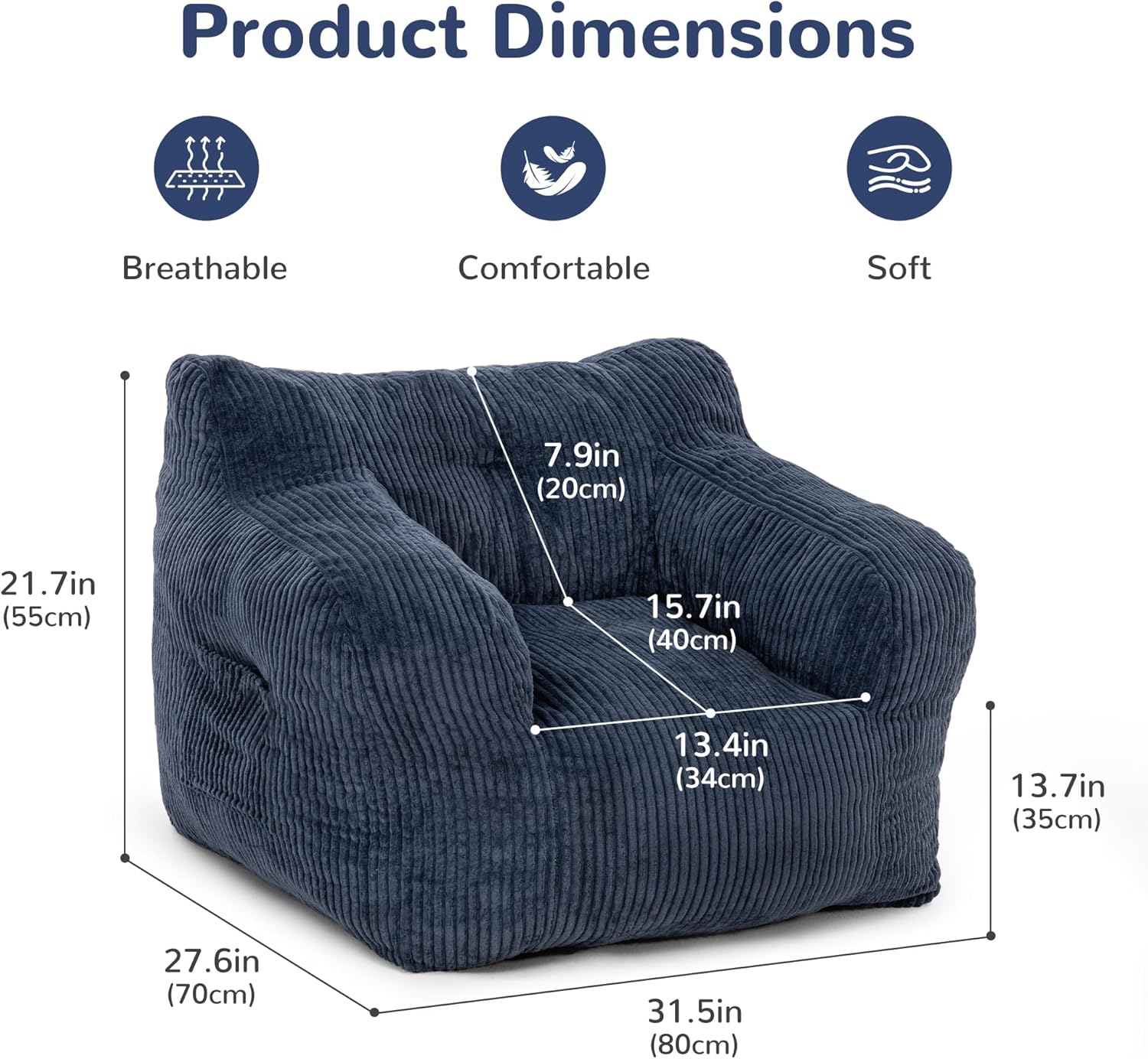 Pamapic 32" Bean Bag Chair,Single Sofa,Ultra Soft Dutch Velvet,Fluffy Comfort Washable Cover,Corduroy Lazy Sofa Coach for Adults,Fit Living Room, Bedroom,Outdoor Spaces,72h Rebound,Blue