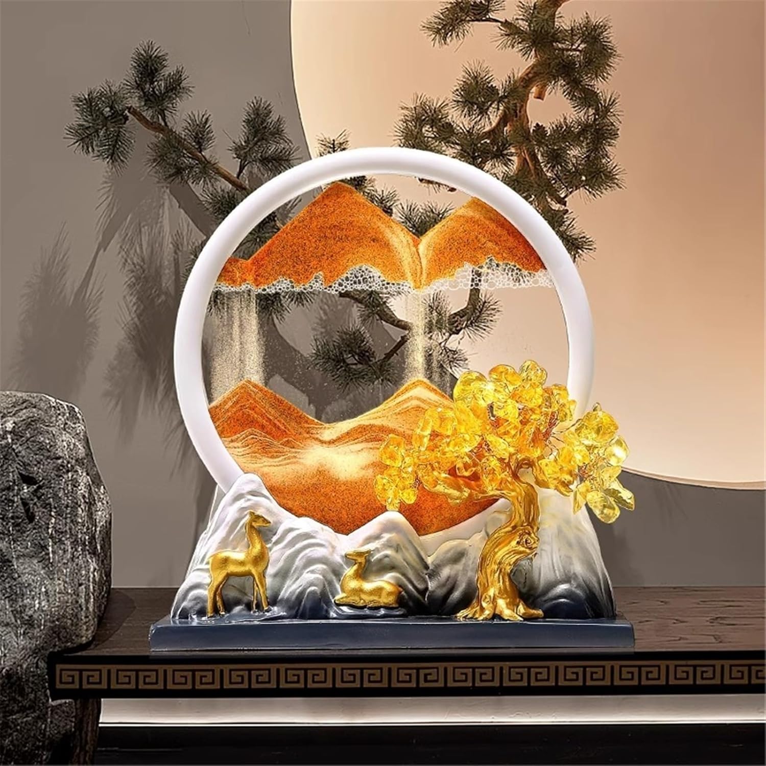 KHAOL Moving Sand Art 3D Sandscape Fortune Tree Desk Decor Ocean Wave Sand Art Liquid Motion for Office Anxiety Relief Relaxing Therapy Gift(B)