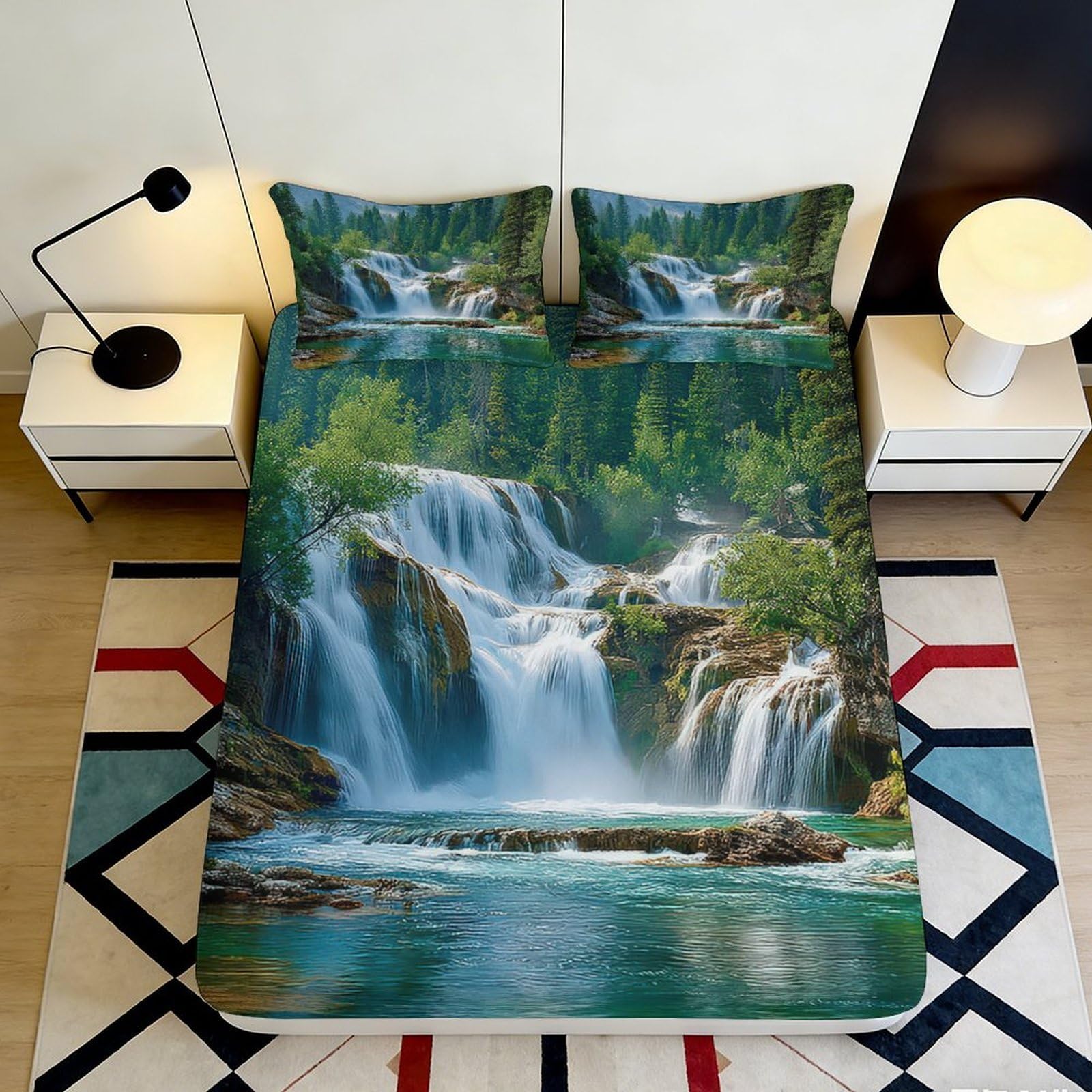 Jqzkxnhpbr Style-1 3D Printed Waterfall Forest Fitted Sheet Microfiber Soft Bedroom Decor River Scene Mattress Cover For Adults Teens 90X200x25cm