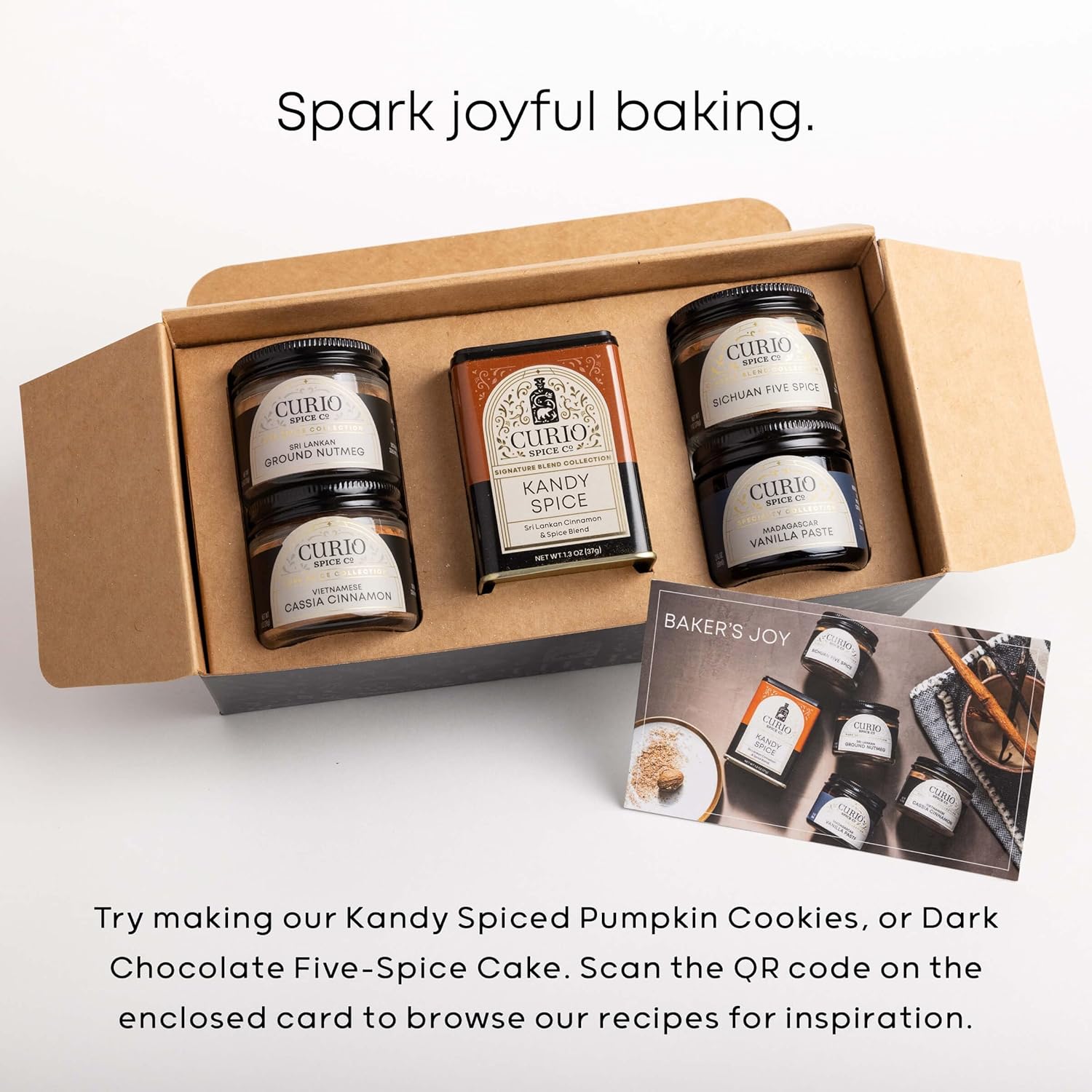 Curio Spice Co - Baker's Joy Culinary Gift Set - 5 Spices for Exceptional Baking - Nutmeg, Ginger, Vanilla Paste, & Signature Blends w/Recipes - Ethically Sourced - Great Gift for Mother’s Day