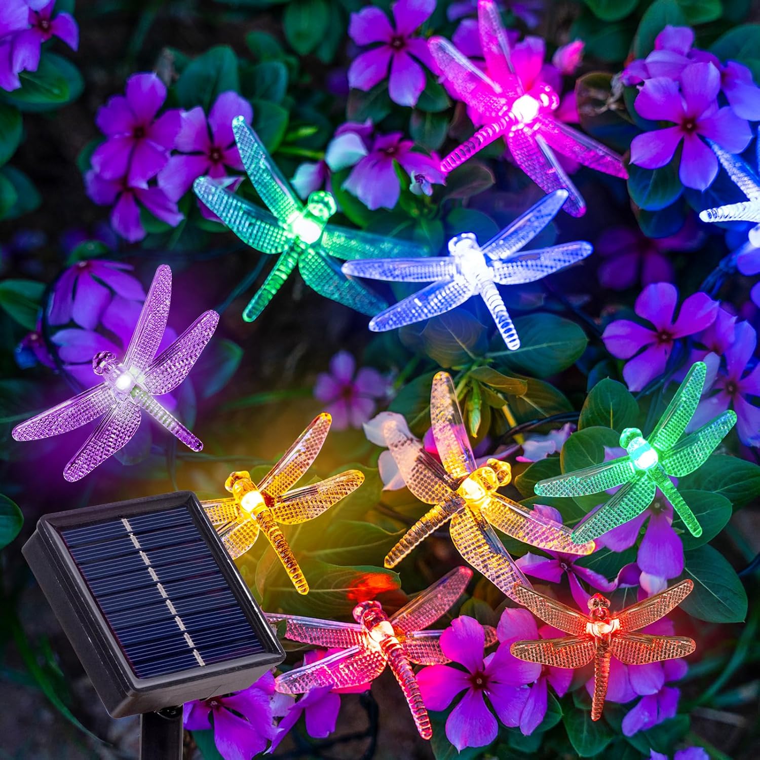 25.9 FT Dragonfly Solar String Lights, 8 Modes Waterproof Multicolor Lights Outdoor, 20 LED Solar Powered Dragonflies String Lights for Garden Fence Patio Yard Christmas Tree & Party Decor