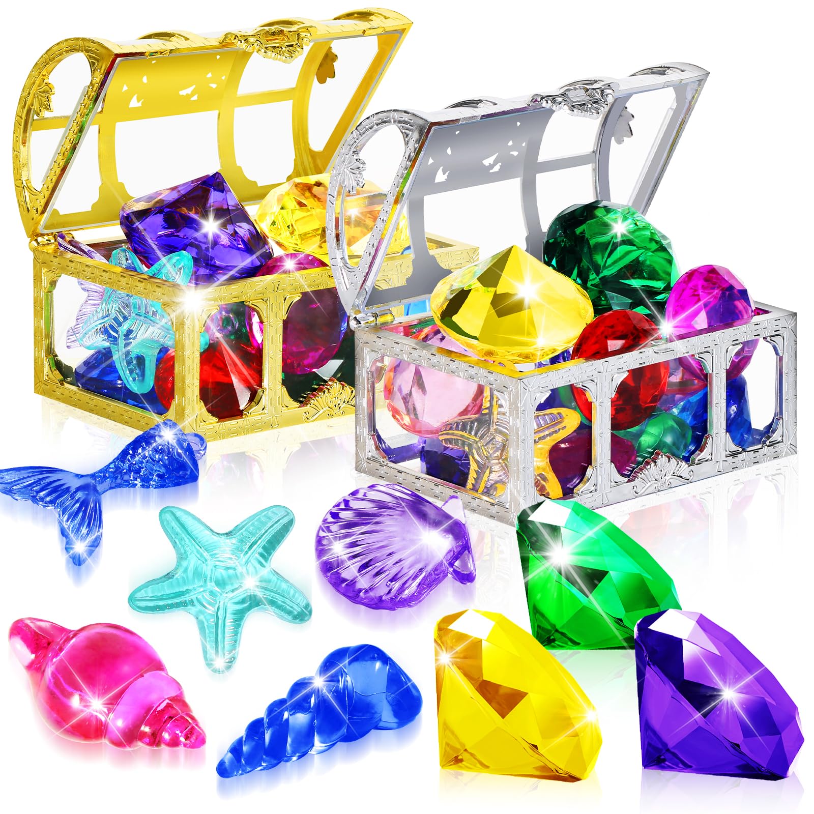 Duchong Pool Toys for Kids Ages 4-8 8-12, 24 Pcs Dive Gems Pool Toys, Summer Throw Pool Toys with Assorted Diving Gems and 2 Treasure Boxes, Summer Beach Toys for Boys and Girls