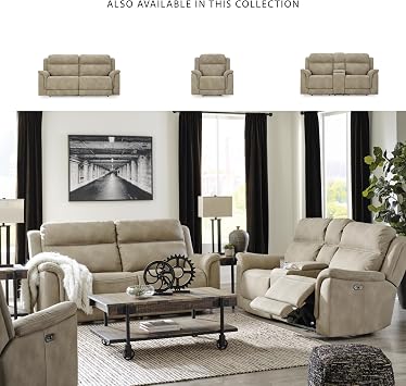 Signature Design by Ashley Next-Gen DuraPella Power Reclining Sofa with Adjustable Headrest, USB, Extended Ottoman, Faux Leather, 80 W x 42 D x 42 H, Beige Sand