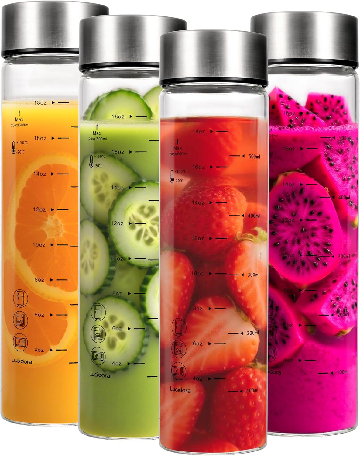 4 Pcs 20oz Glass Juice Bottles with Lids, Wide Mouth Glass Water Bottles with Measurement Markings Reusable Borosilicate Bottle for Juicing Smoothies Beverages, Leakproof Stainless Steel Caps