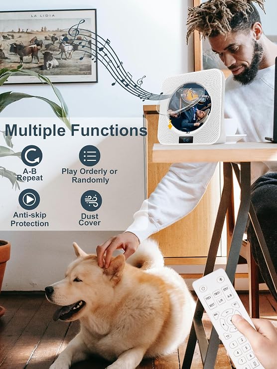 Desktop CD Player Portable with Bluetooth - Jimwey CD Players for Home with HiFi Speakers, FM Radio, Remote Control, LED Screen Display, Support CD/Bluetooth/USB/AUX, White CD Player for Gift