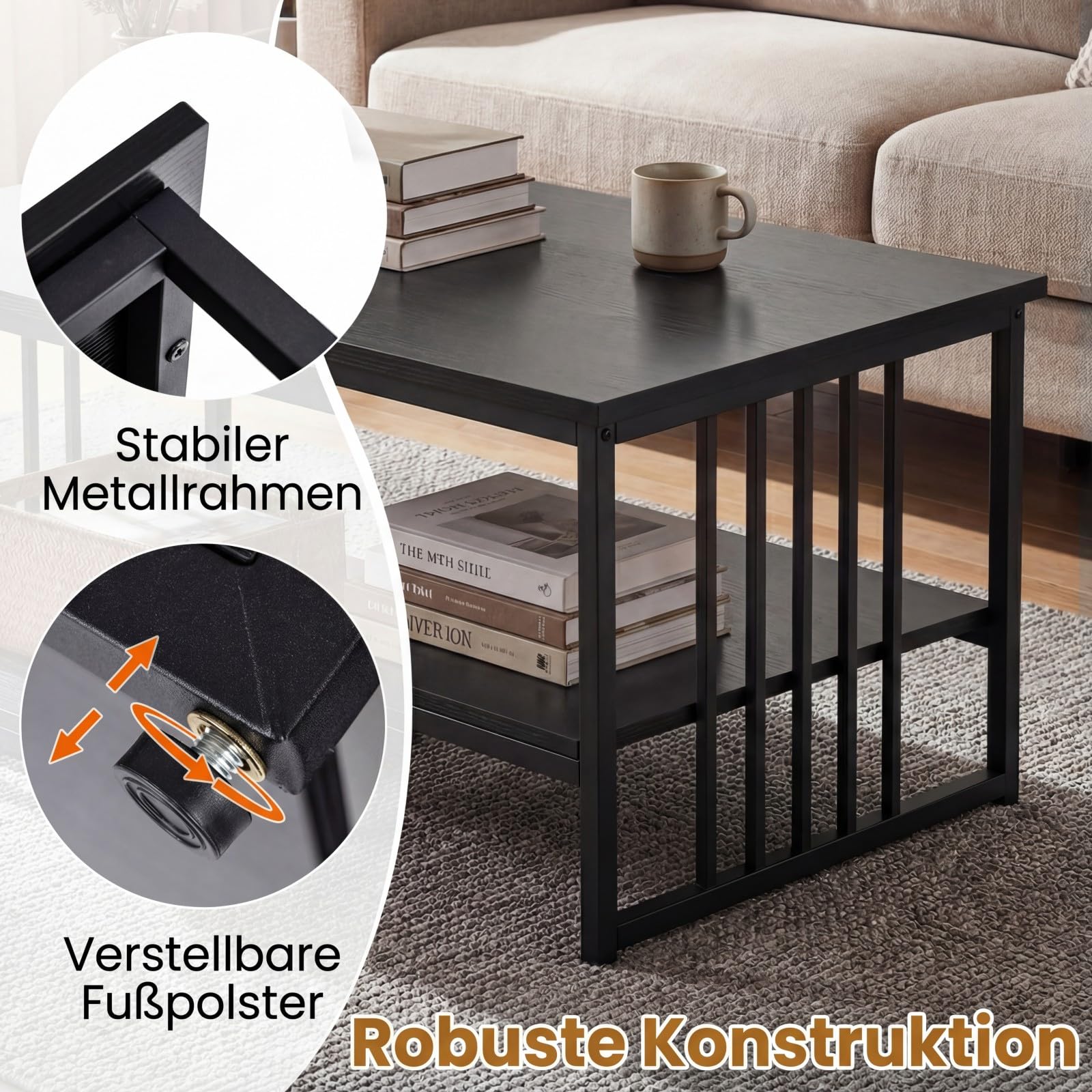 COSTWAY Couchtisch, Wohnzimmertisch 3 Ebenen mit robustem Metallgestell, Industrie-Design, rechteckiger Kaffeetisch 110 x 60 x 45 cm, Sofatisch für Wohnzimmer & Büro (Schwarz)