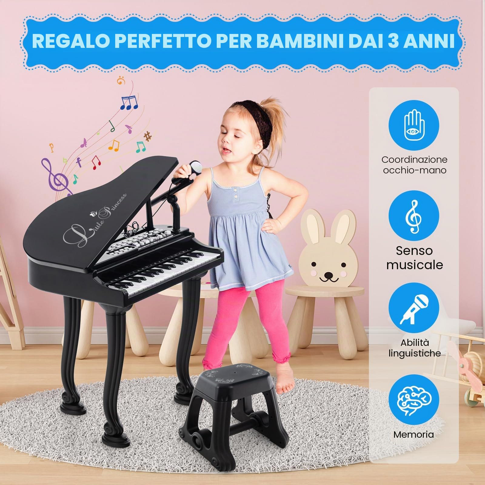 KOMFOTTEU Set di pianoforte per bambini, 37 tasti, pianoforte elettronico con microfono e sgabello, tastiera per pianoforte elettronica con 8 effetti di percussione e stili di accompagnamento