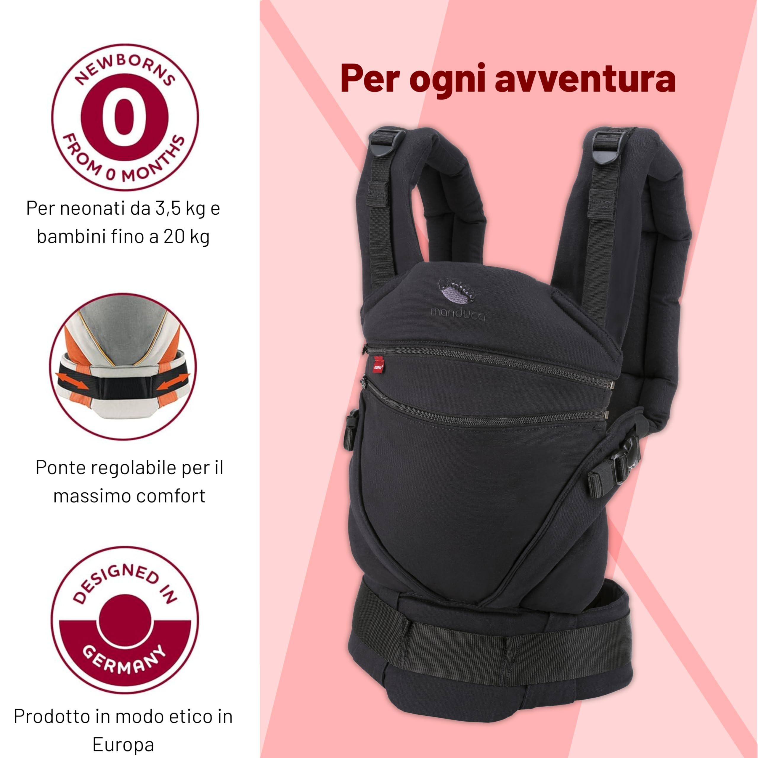 manduca XT - Zaino per neonati espandibile, per neonati e bambini piccoli, in cotone biologico, per porteo anteriore, fianchi e schiena, Monochrome Obsidian
