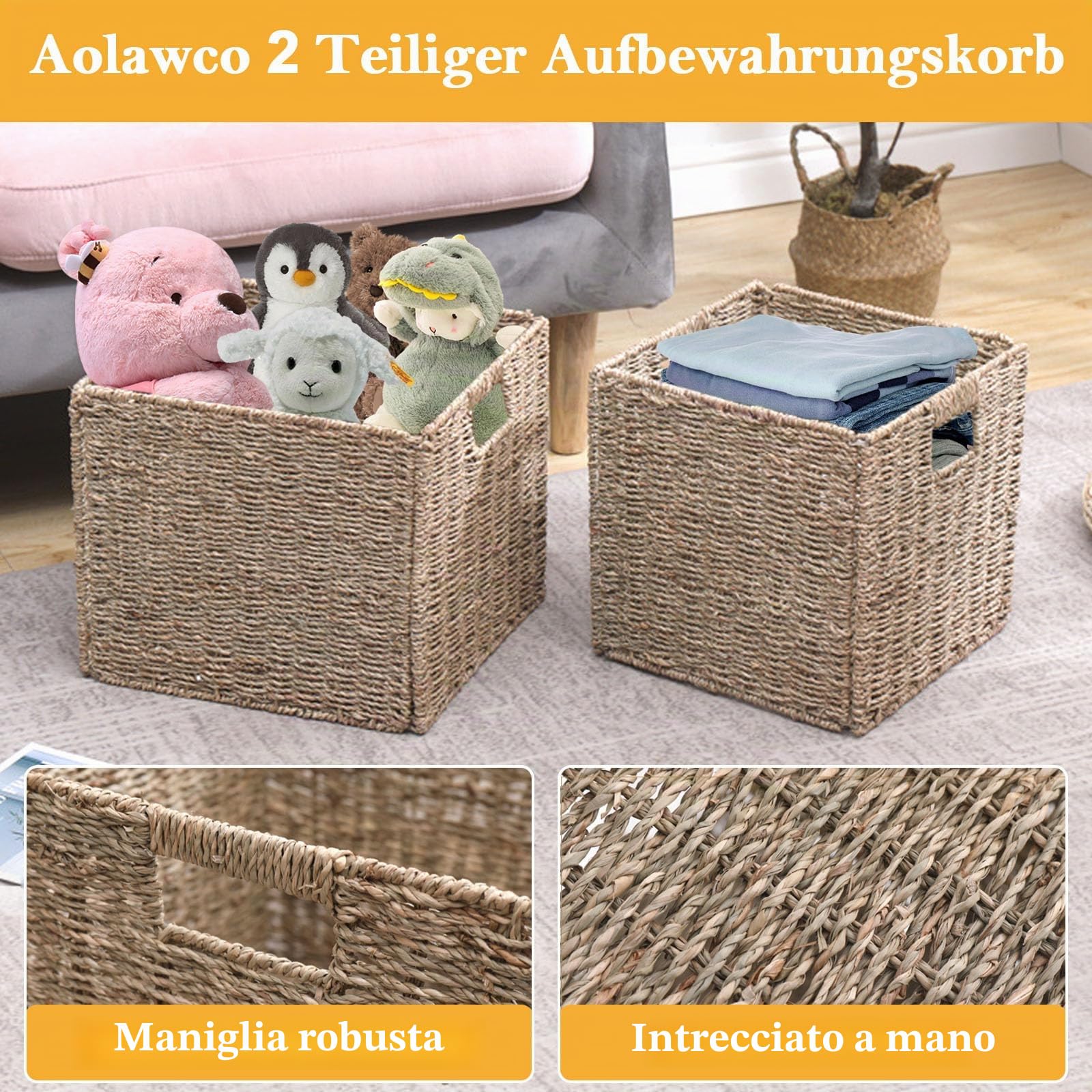 Kallax - Set di 4 cesti portaoggetti, pieghevoli, intrecciati, 28 x 28 x 28 cm, con maniglie, per mensole, dispensa, stanza