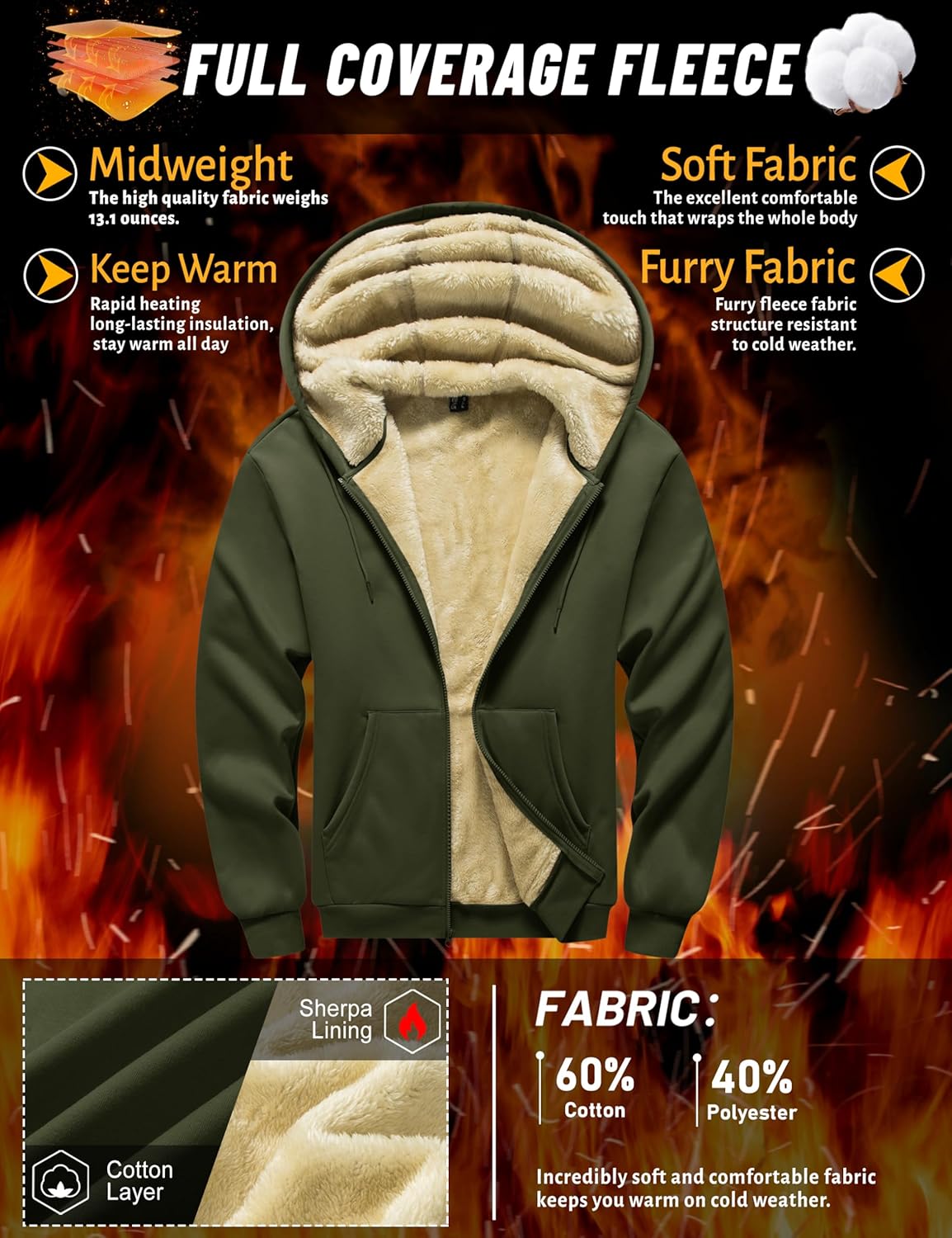 TACVASEN Men's Sherpa Lined Hoodie Full Zip Up Midweight Sweatshirt Warm Thick Fleece Cotton Winter Jacket - Image 2