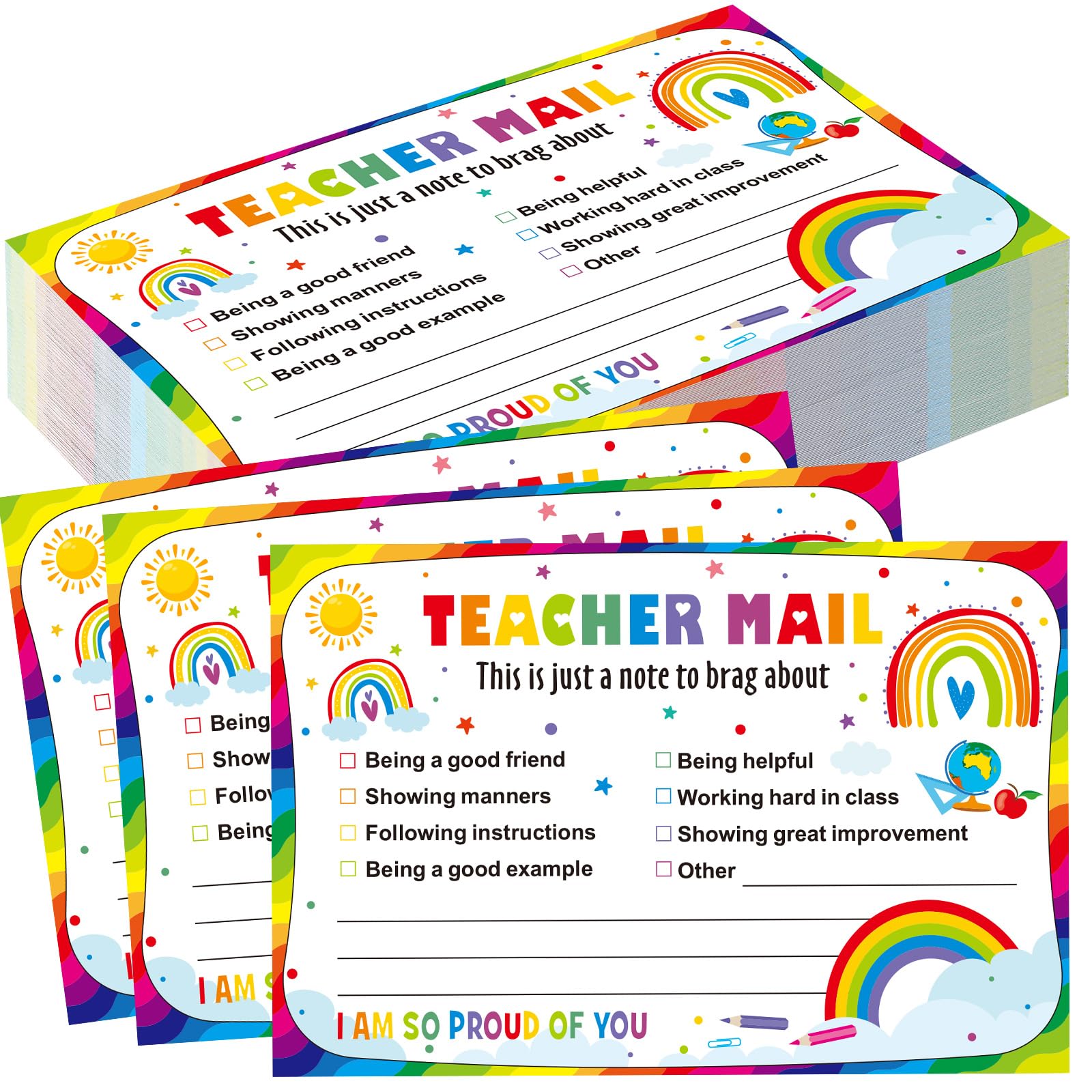 Pasimy 200 Pcs Teacher Mail Cards Rainbow Mail Notes to Parents from Teacher Cards Classroom Good Behavior Postcards Positive Mail Brag Cards for Students Preschool Kindergarten Elementary (Rainbow)