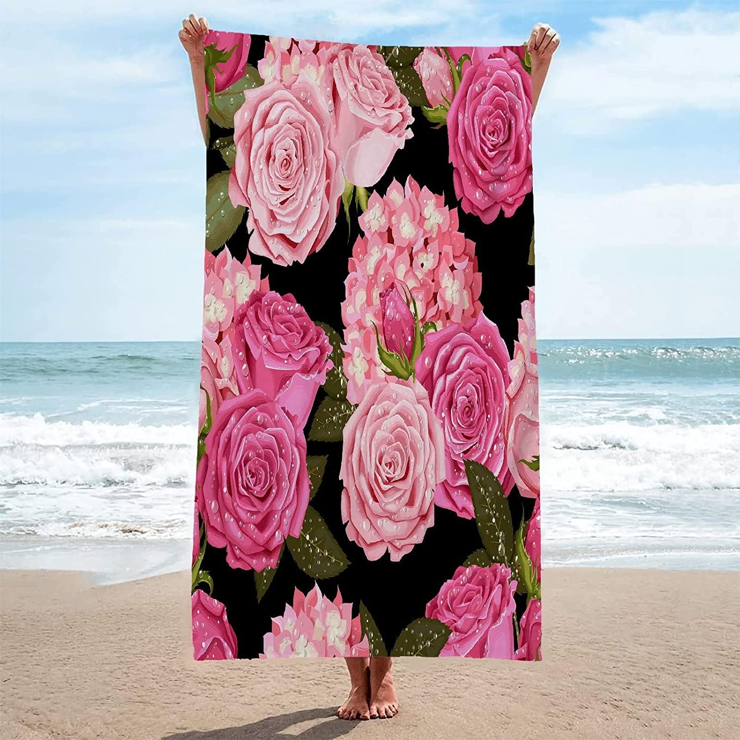 Serviette de Plage 200x200 Femme Homme Enfant, Drap de Plage XXL Serviette Plage Anti Sable à Séchage Rapide Grande Serviette Plage Roses Roses, pour Bain, Piscine, Camping Thème Romantique A599