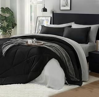 BEDELITE Queen 7-Piece Black Reversible Comforter Set - Ultra Soft Microfiber Bed in a Bag, All-Season Cozy Bedding with Sheets & Shams