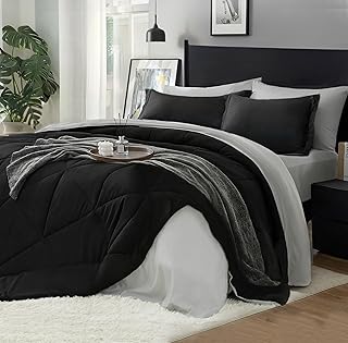 BEDELITE Queen Comforter Set 7 Pieces Bed in A Bag - Soft Microfiber Reversible Black Bed Set with Comforters, Sheets, Pillowcases & Shams, Cozy Luxury Bedding Sets for All Season OEKO-TEX STANDARD 100