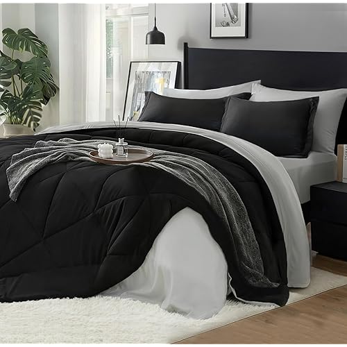 BEDELITE King Size Comforter Set 7 Pieces Bed in A Bag - Soft Microfiber Reversible Black Bed Set with Comforters, Sheets, Pillowcases & Shams, Cozy Luxury Bedding Sets for All Season
