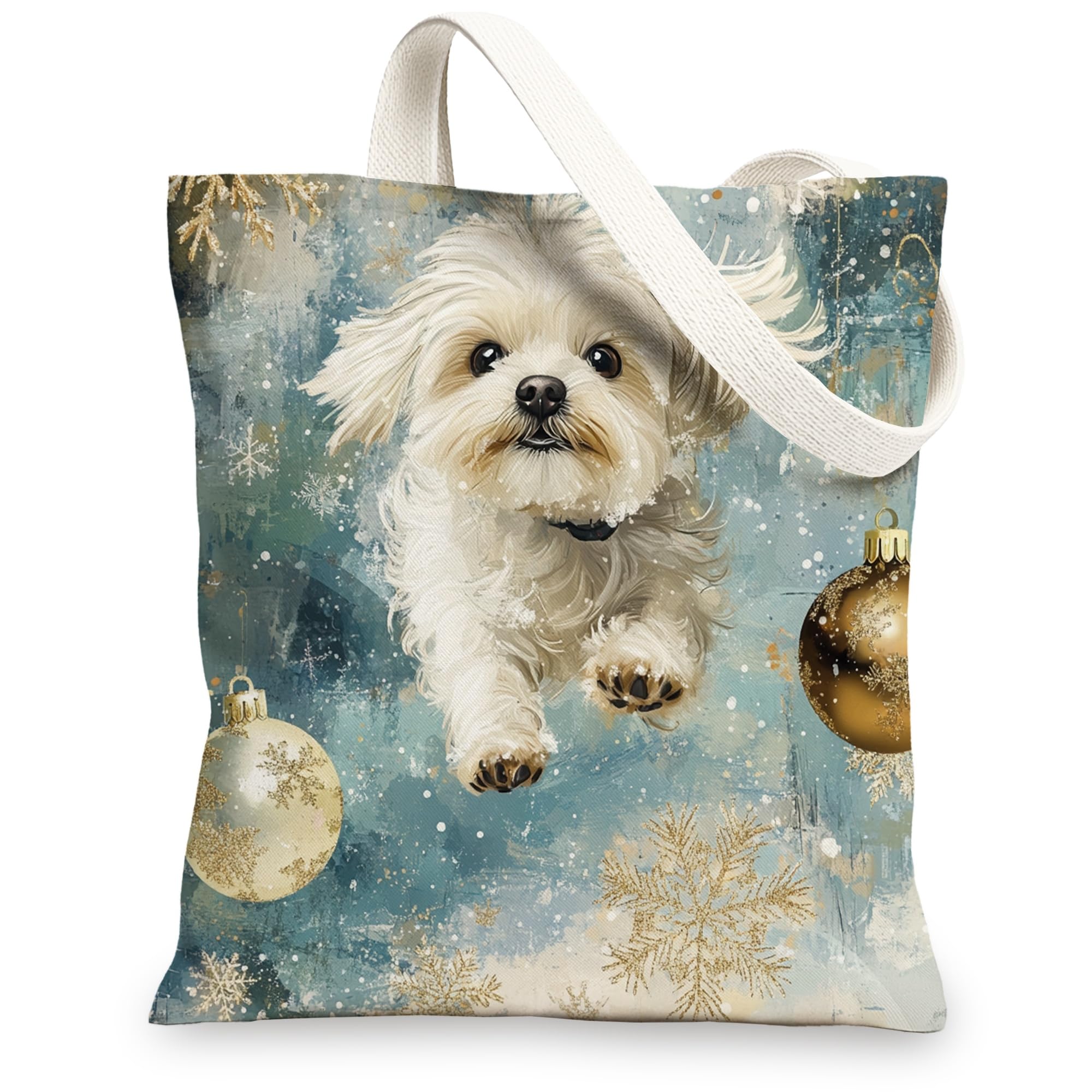 Christmas Maltese Dog Canvas Tote Bag for Shopping 13 * 15, Luxury Snowflakes Reusable Grocery Bag for Women, Pet Travel Pattern Gift Decoration