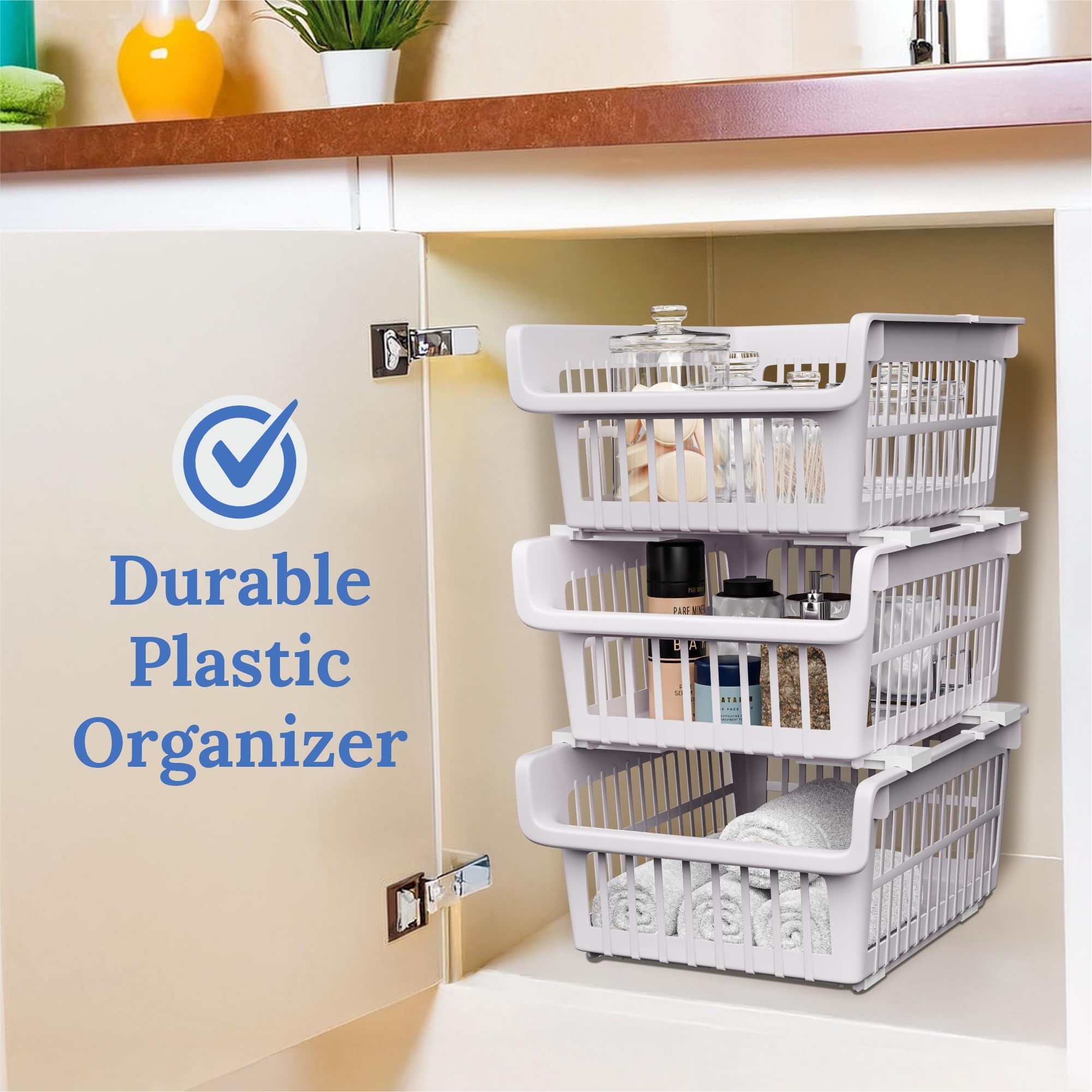 Kuber Industries Zestaw 3 szt. plastikowy organizer do szafy do przechowywania w stos, wielofunkcyjny kosz przesuwny na modułowy blat kuchenny i łazienkowy, różowy marmur
