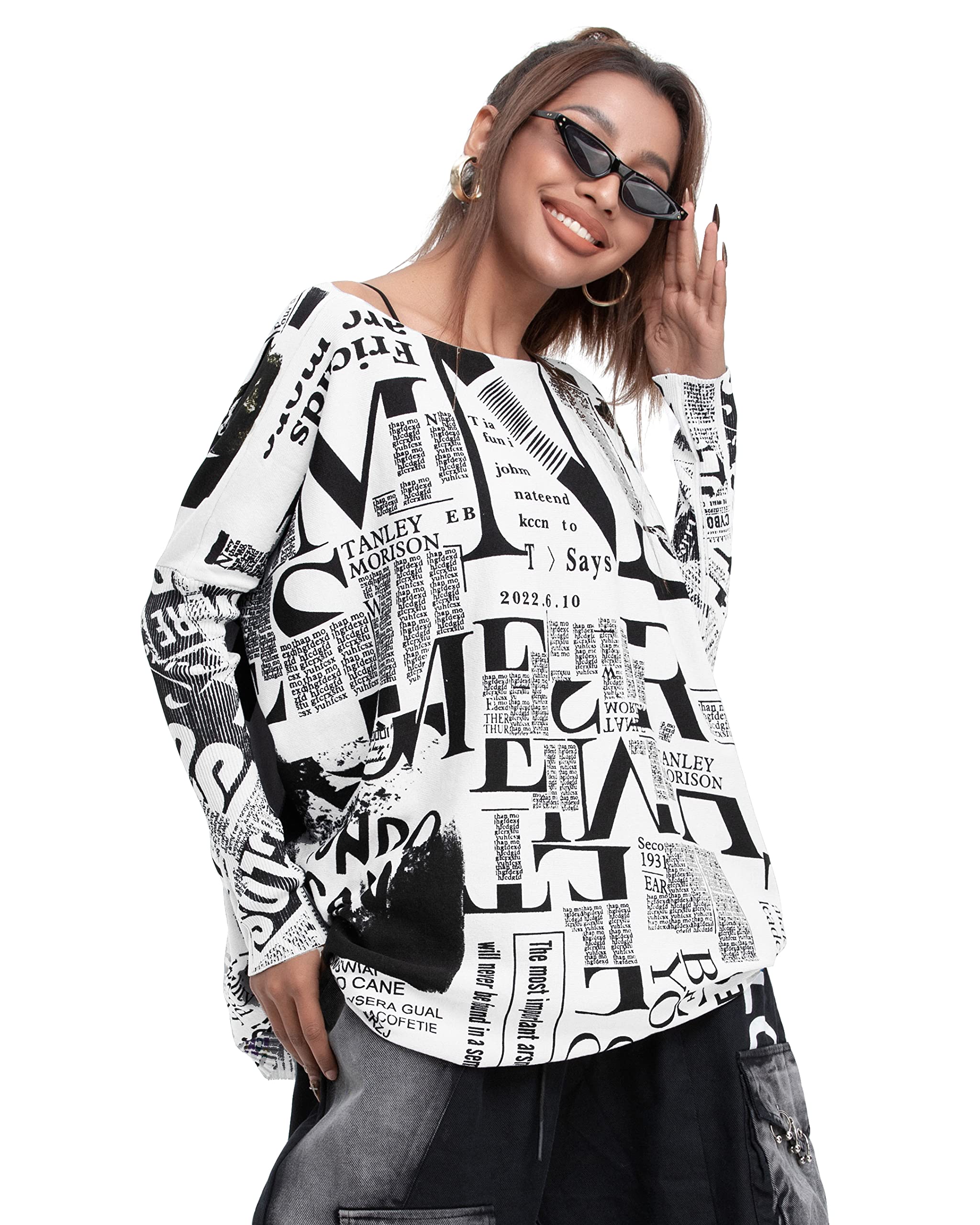 ellazhuWomen's Off-Shoulder Long-Sleeved Cute Newspaper Printed Pullover Oversized Sweater Shirt GY2753