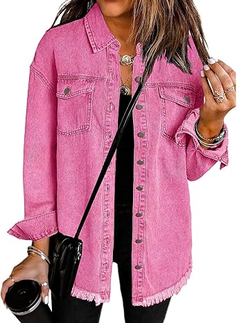 Vetinee Womens Oversized Button Up Frayed Hem Denim Shacket Jean Jacket