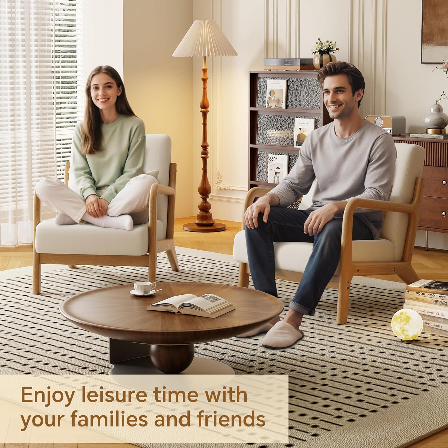 Solid Wood Accent Chair Mid-Century Modern Lounge Armchairs, Fabric Upholstered Soft Comfy Living Room Chairs with Armrest Waist Cushion Pillow for Office Reading Waiting Room (Off-White)