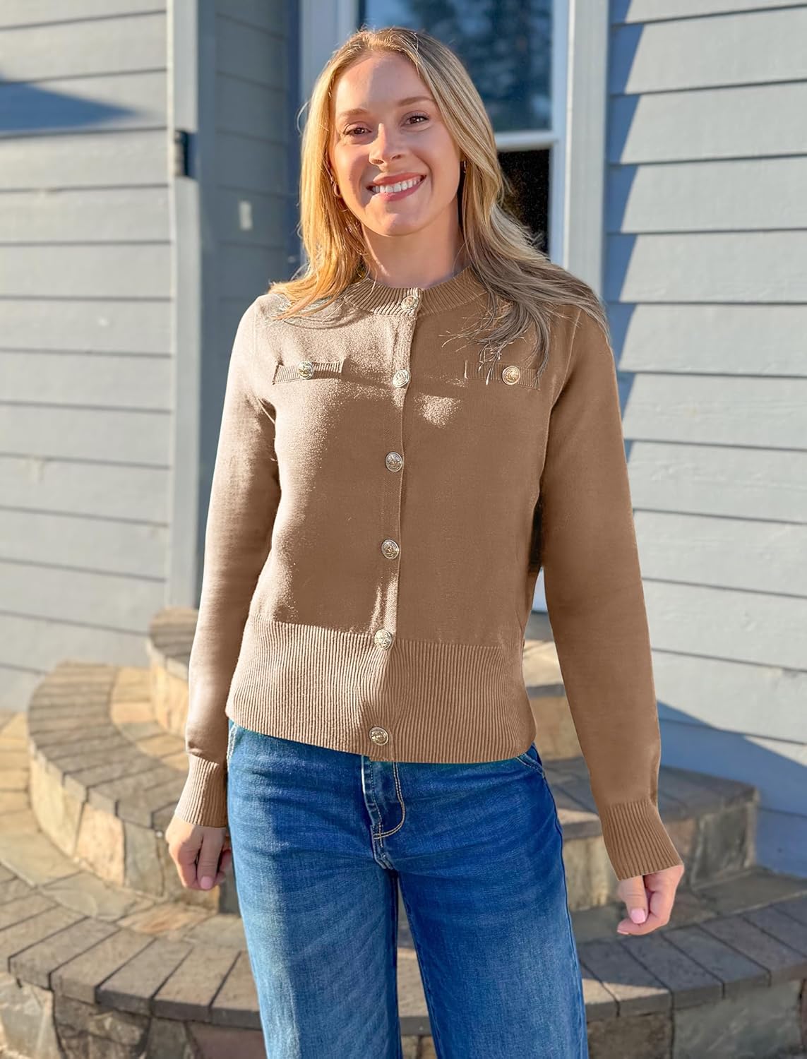 ZAFUL Womens Fall Button Up Cardigan 2025 Lightweight Crew Neck Open Front Long Sleeve Knit Sweater Blazers - Image 9