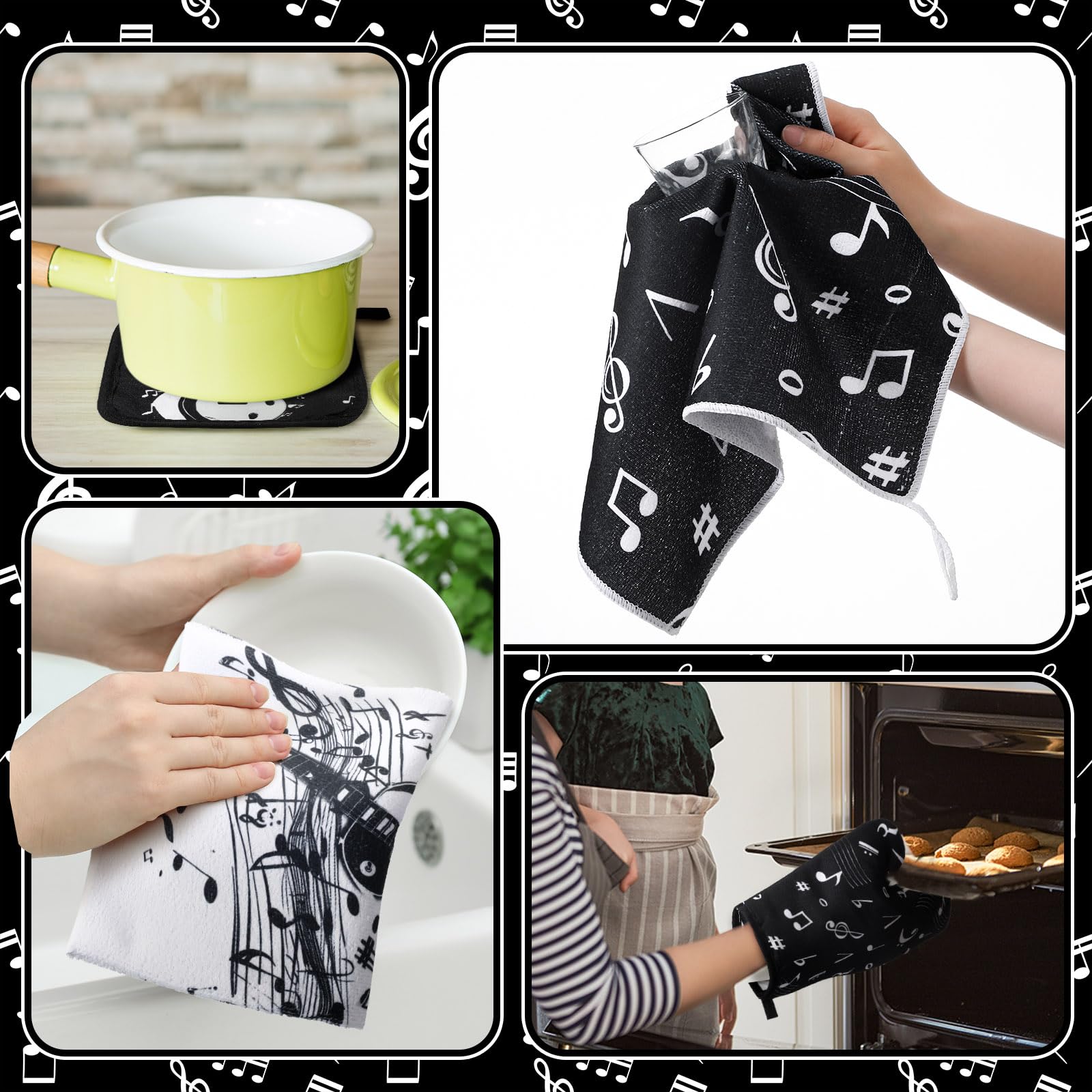 Juego de 8 piezas de accesorios de decoración de cocina con notas musicales, toallas de granja, guantes de horno, soportes para ollas, juego de paños de cocina decorativos absorbentes para 6