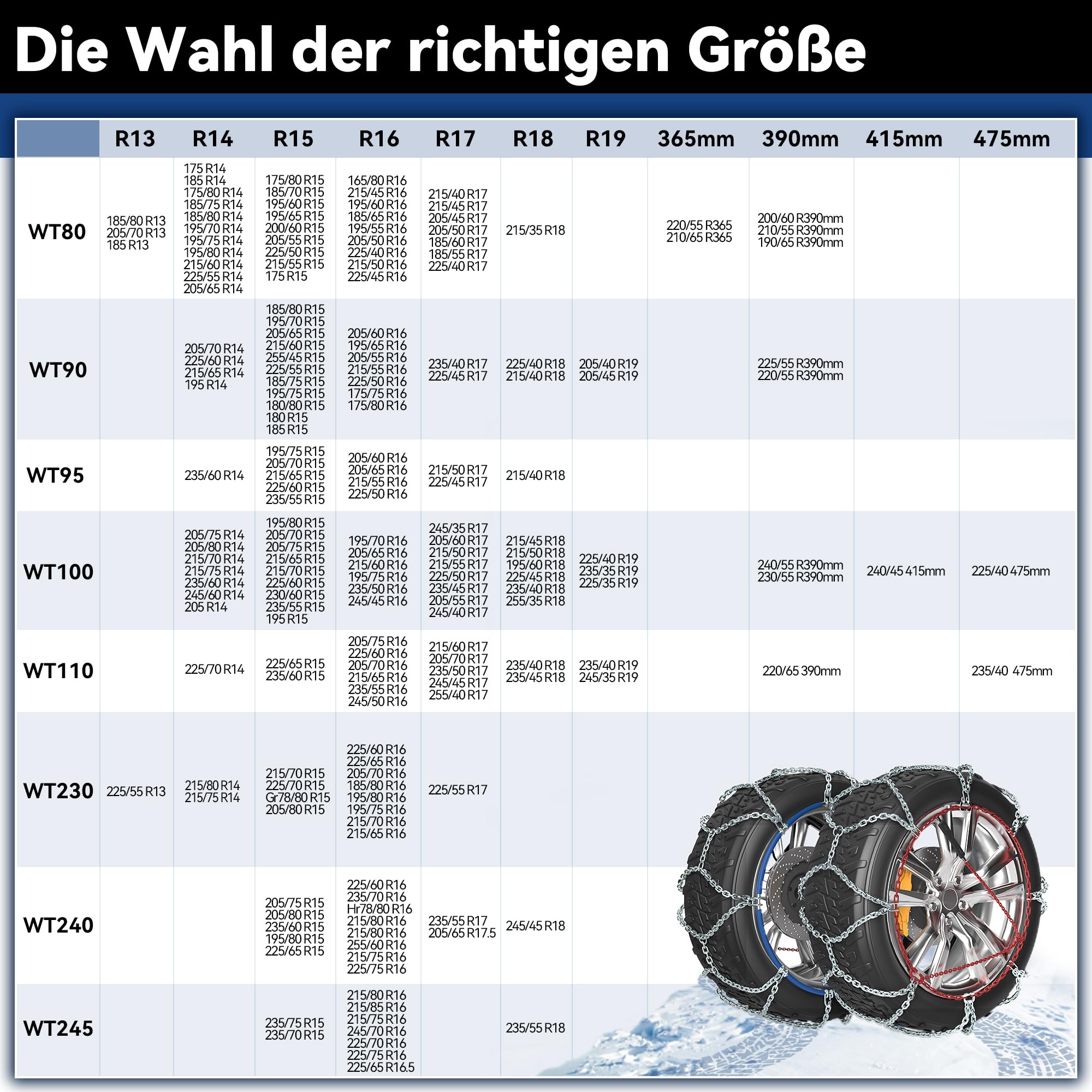 Richeer Schneeketten für Reifen 205/60 R15, KNS, 1 Paar, 80