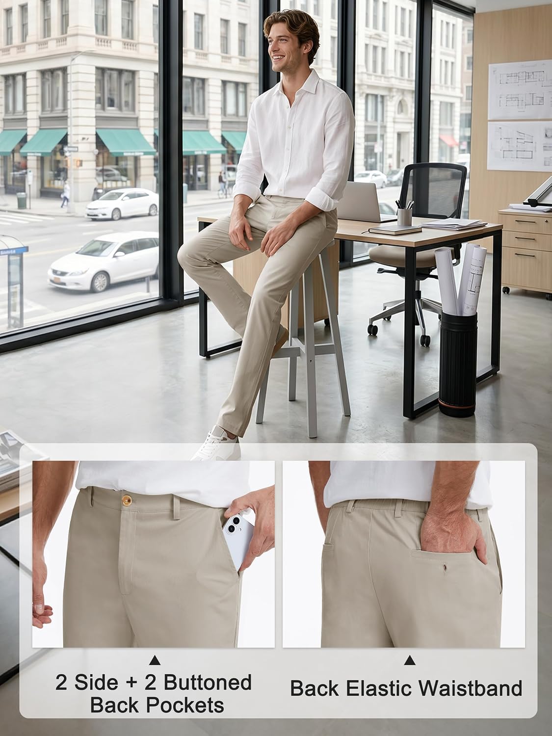 SEVEGO Extra Tall 34/36/38 Inseam Stretch Men Chino Pants Casual Elastic Waist Flat Front Regular Straight Golf Trousers