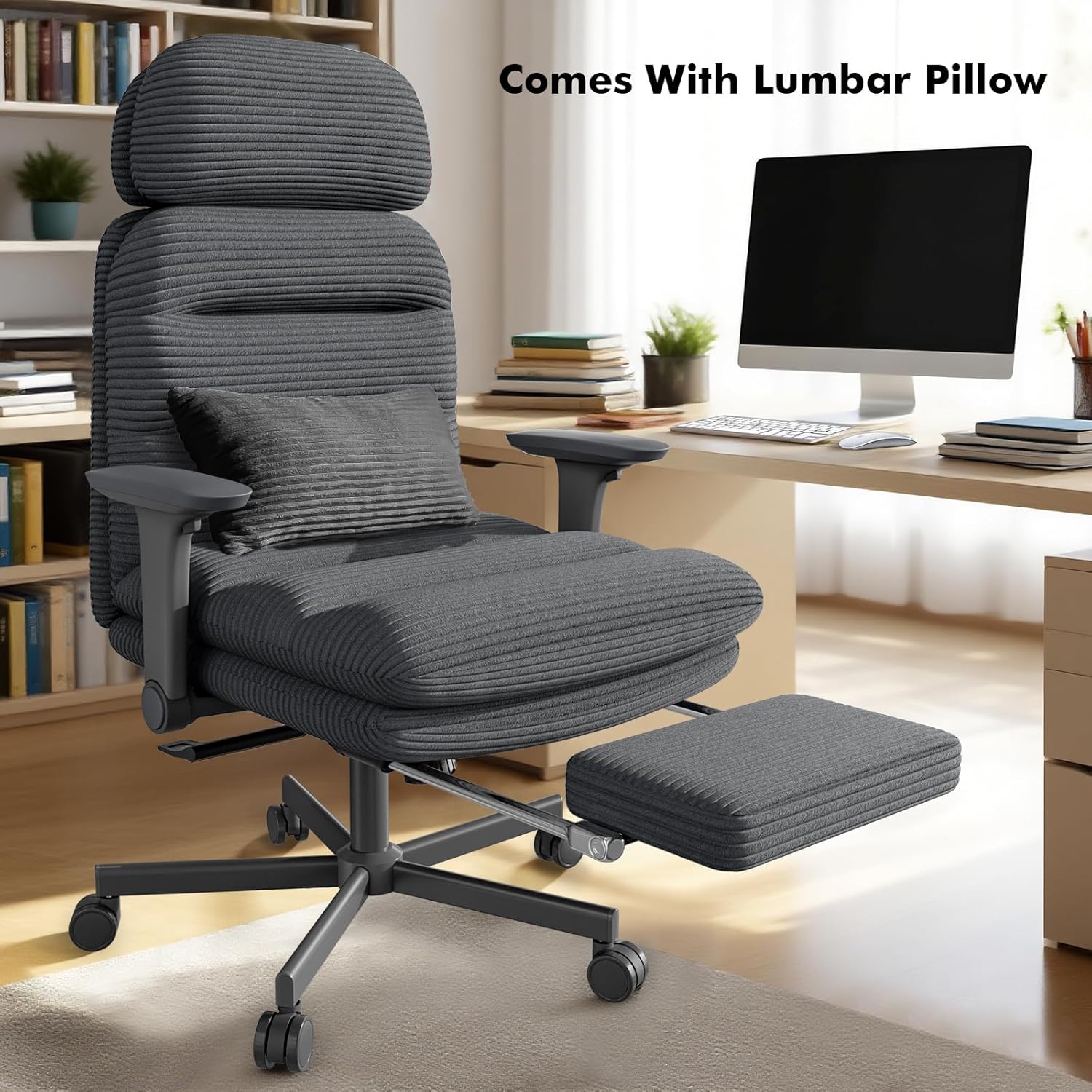 Chair with lumbar pillow and footrest extended