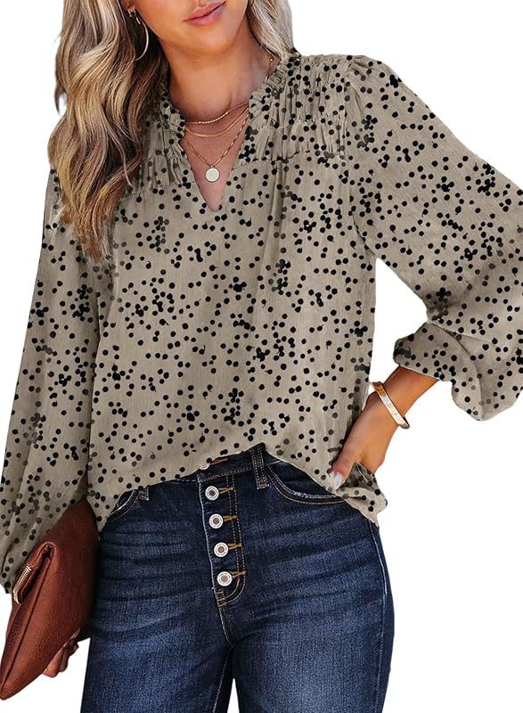 Dokotoo Women's Casual V Neck Alicia Floral Print Smocked Long Sleeve Chiffon Tops Bohemian Top Clothes