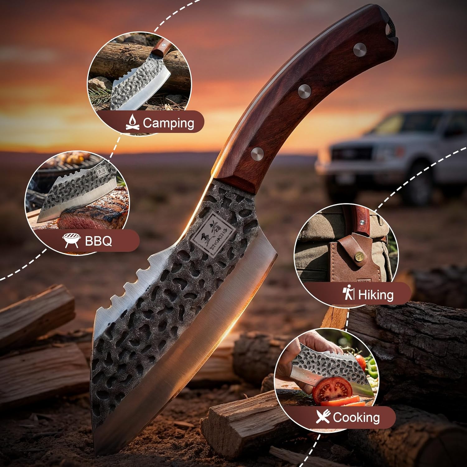 ENOKING 6.1 Inch Hand Forged Chef Knife, High Carbon Steel Butcher Knife with Leather Sheath, Full Tang Camping Cooking Knife for Meat Cutting, BBQ, Kitchen, Outdoor, with Gift Box - Image 7