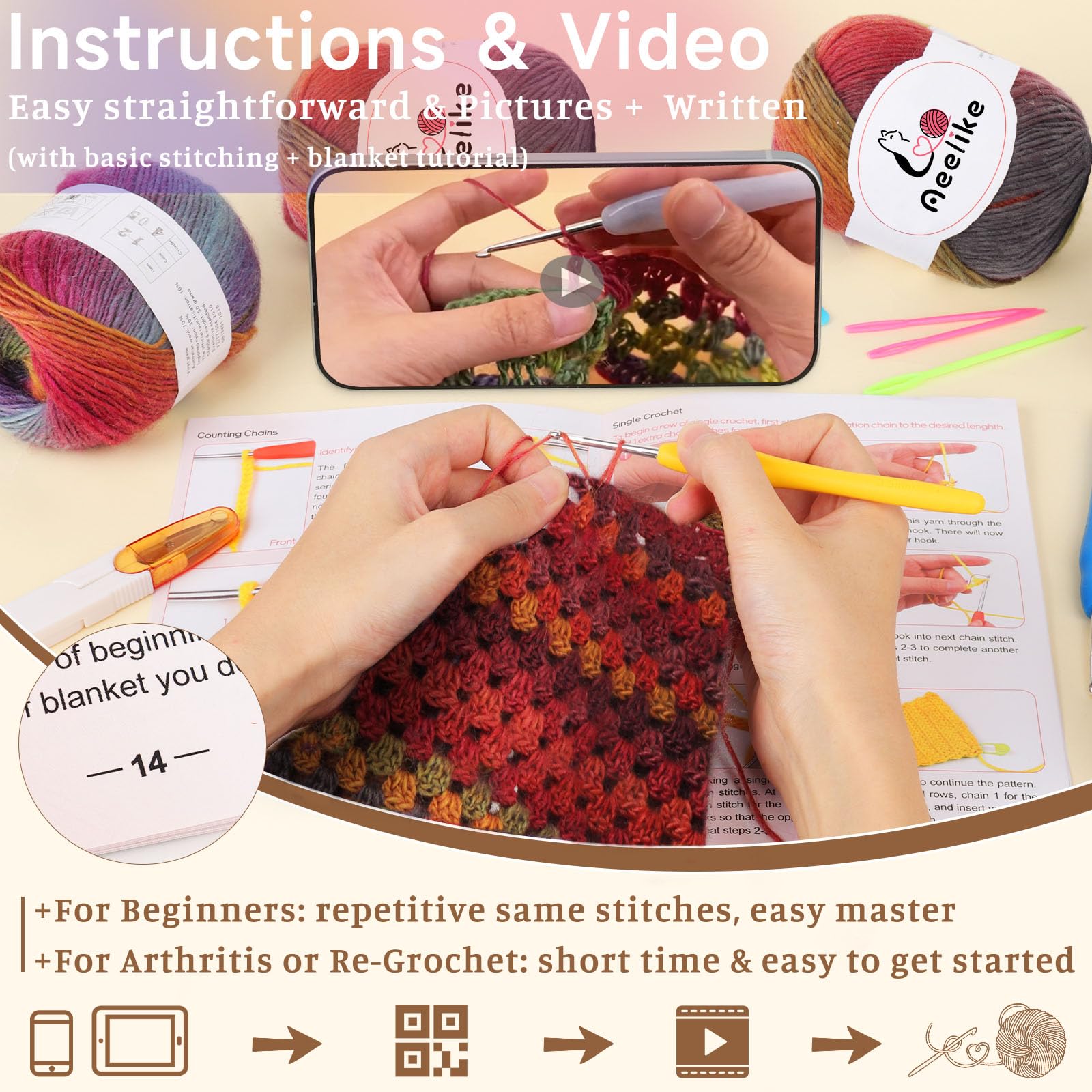 Aeelike Kit de ganchillo para principiantes, manta arcoíris degradado, kit completo de ganchillo para principiantes con hilo de lana suficiente y cálido, tutoriales de videos, kits de tejer fáciles