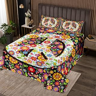 Boys Kids Peace Sign Bedspread Queen Size,Colorful Flowers Coverlet Set 3 Pieces,Girls Rainbow Floral Quilted Soft Warm Home Hotel Dorm Room Decoration No Comforter Filling
