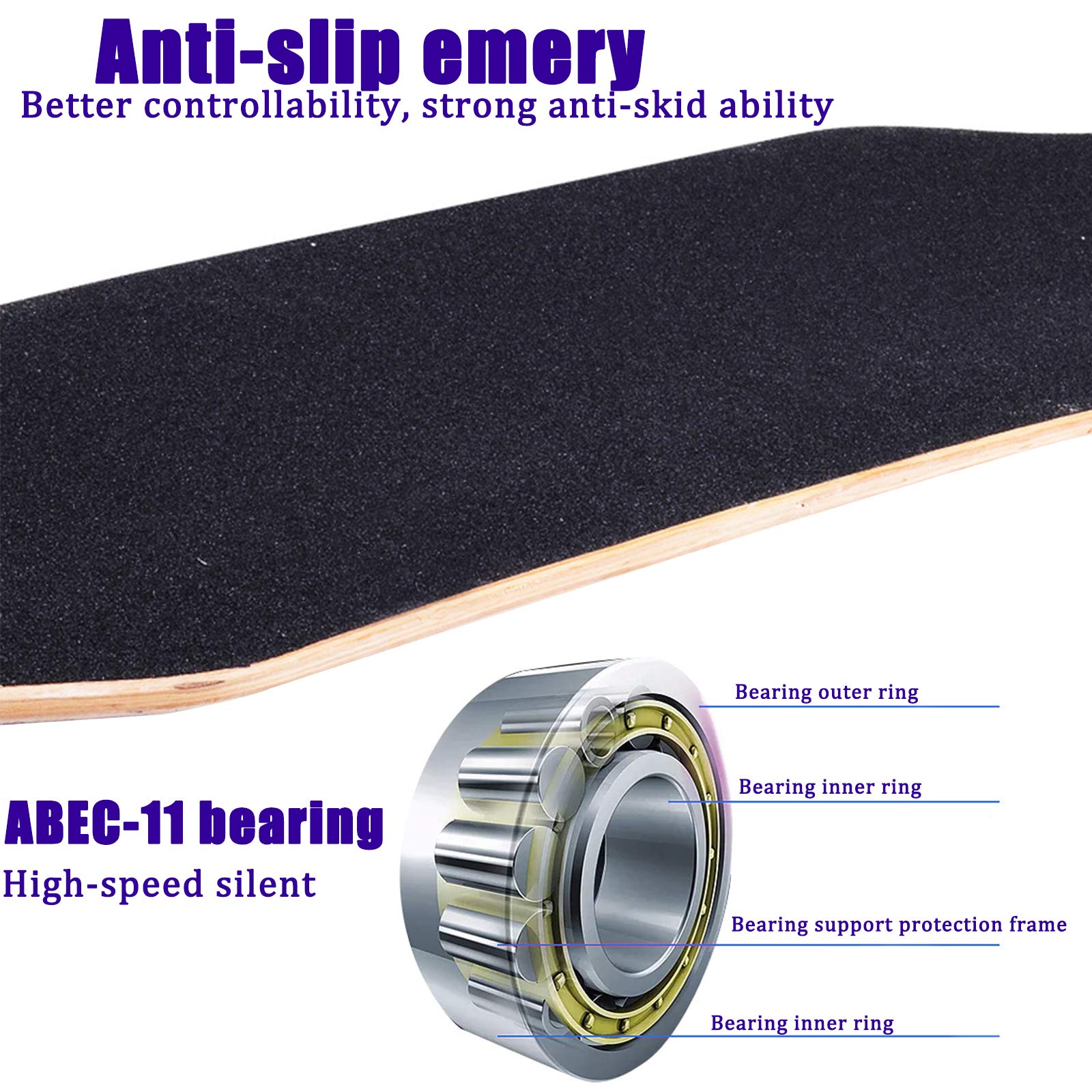 Skateboard 42 "pour Débutants, Planche à roulettes à Double Coup de Pied Concave Deck Penny Board, Planche à roulettes en Bois D'érable 8 Couches pour Enfants, Adolescents et Adultes,XVBVS