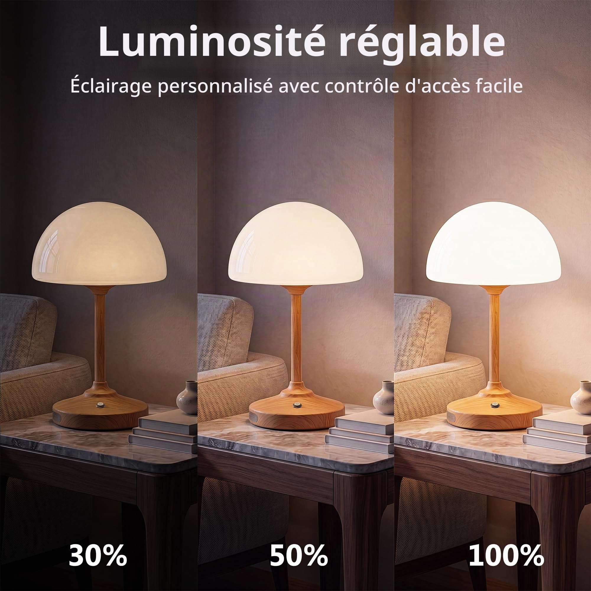 Dawnwake Lampe de table LED en forme de champignon, sans fil, 5000 mAh, tactile, à intensité variable, pour chambre à coucher, extérieur, étanche, petite lampe pour salon, camping, gradation à 3