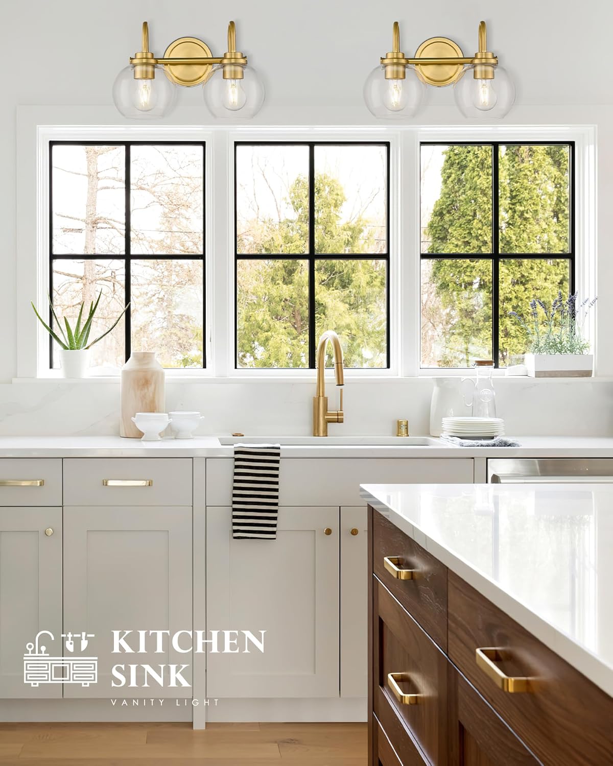 Bathroom Light Fixtures, 2-Light Brushed Gold Vanity Lights with Globe Clear Glass, Champagne Bronze Vanity Lighting Fixtures Over Mirror, AD-22280-2W-GD