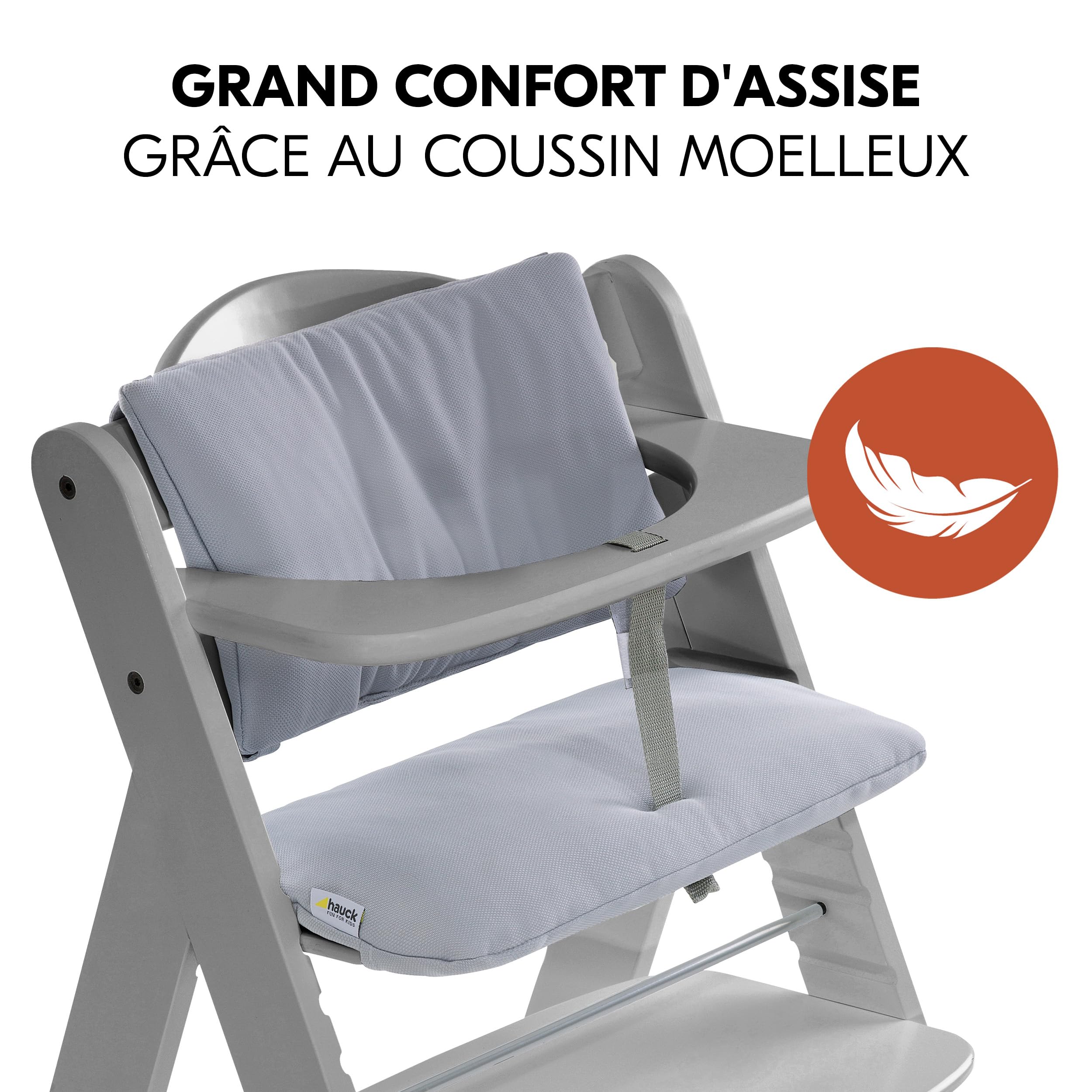 hauck Chaise Haute Bébé Alpha+ avec Siège Nouveau-Né 2 en 1 - Grey | Chaise haute évolutive en bois, de la naissance à 90 kg, inclus assise bébé, coussin et harnais 5 points