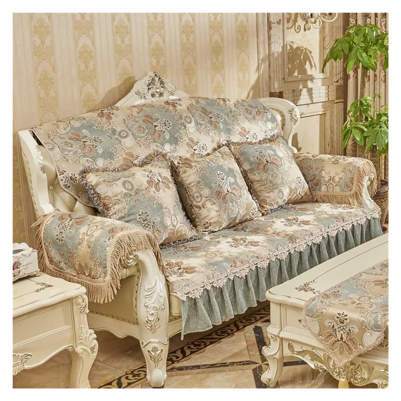 GCYEIDMA Vintage Sofa Cover Retro Lace Covers For Sofas Floral Leather Couch Slipcover Armchair Cover(Blue,Backrest-80x180cm)