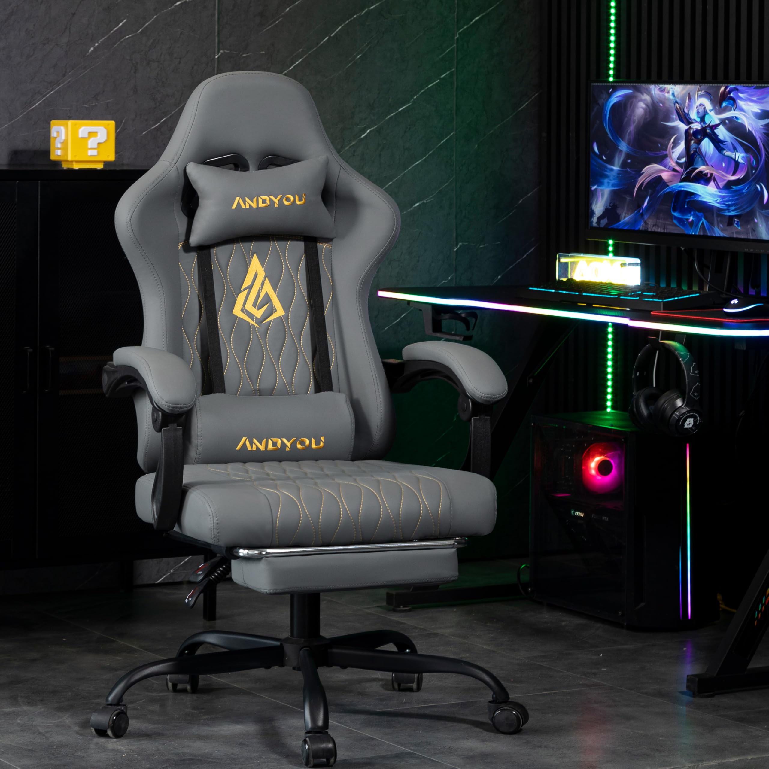 Andyou Silla Gaming Ergonómica Profesional con Soporte Lumbar - Silla Gamer para Adulto, Giratoria y Reclinable con Reposapiés Ajustable y Tela Transpirable, Soporte 150 kg para Oficina y PC