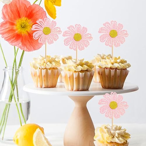 Miniatura 4 de Ercadio Paquete de 24 adornos para cupcakes de margaritas rosadas, flores de margaritas rosadas, decoraciones de pasteles para temática de