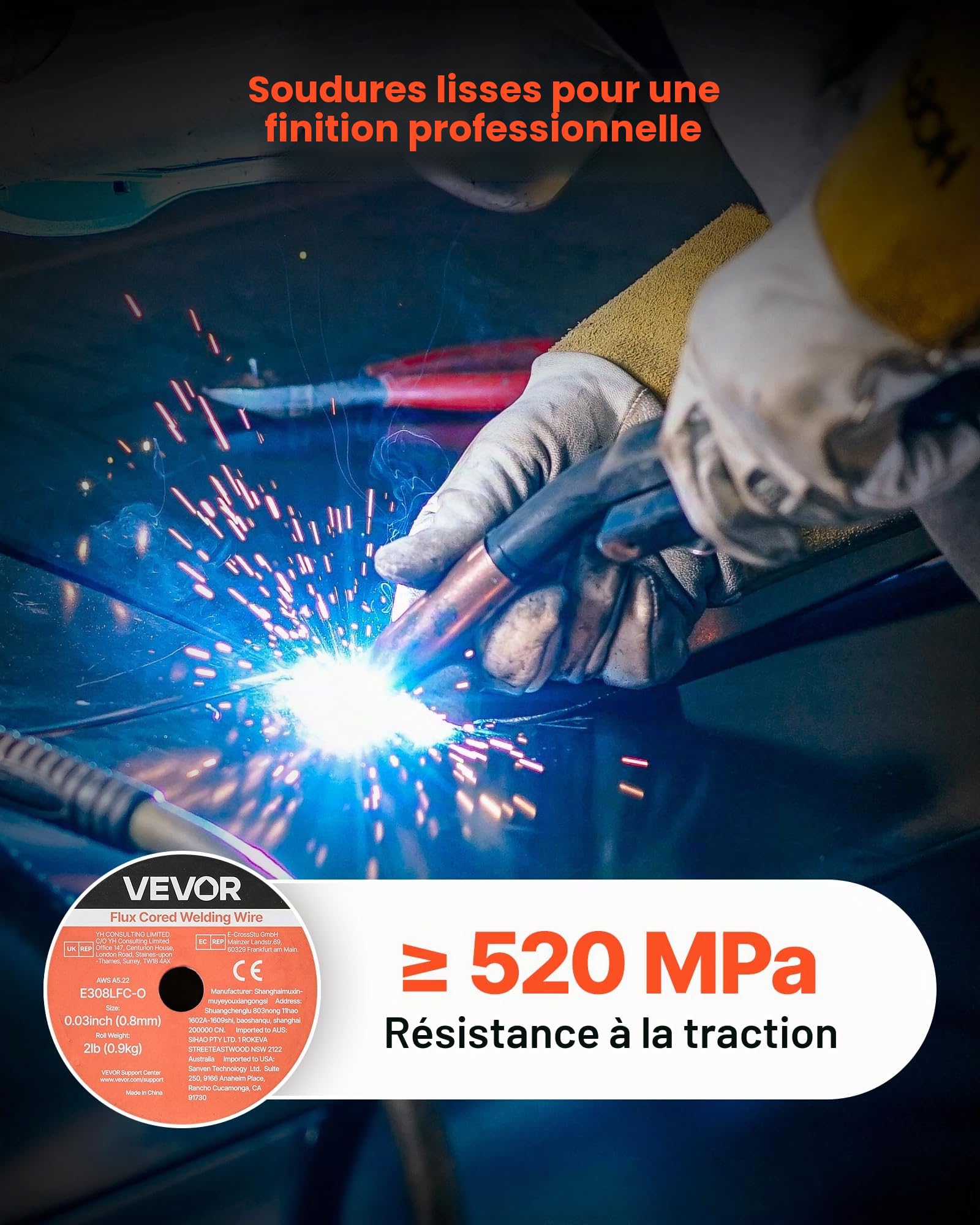 VEVOR Fil Fourré sans Gaz 0,8 mm 0,9 kg par Bobine Fil de Soudage MIG E308LFC-O pour Soudage à l'Arc de Toutes Positions, Auto-protégé, Utilisation Extérieure, Acier Inoxydable, Faible Projection