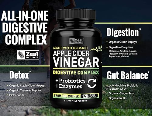Vista 4 de Cápsulas de vinagre de sidra de manzana orgánico + enzimas digestivas y probióticos (1500 mg 120 cápsulas) píldoras de vinagre de sidra de manzana