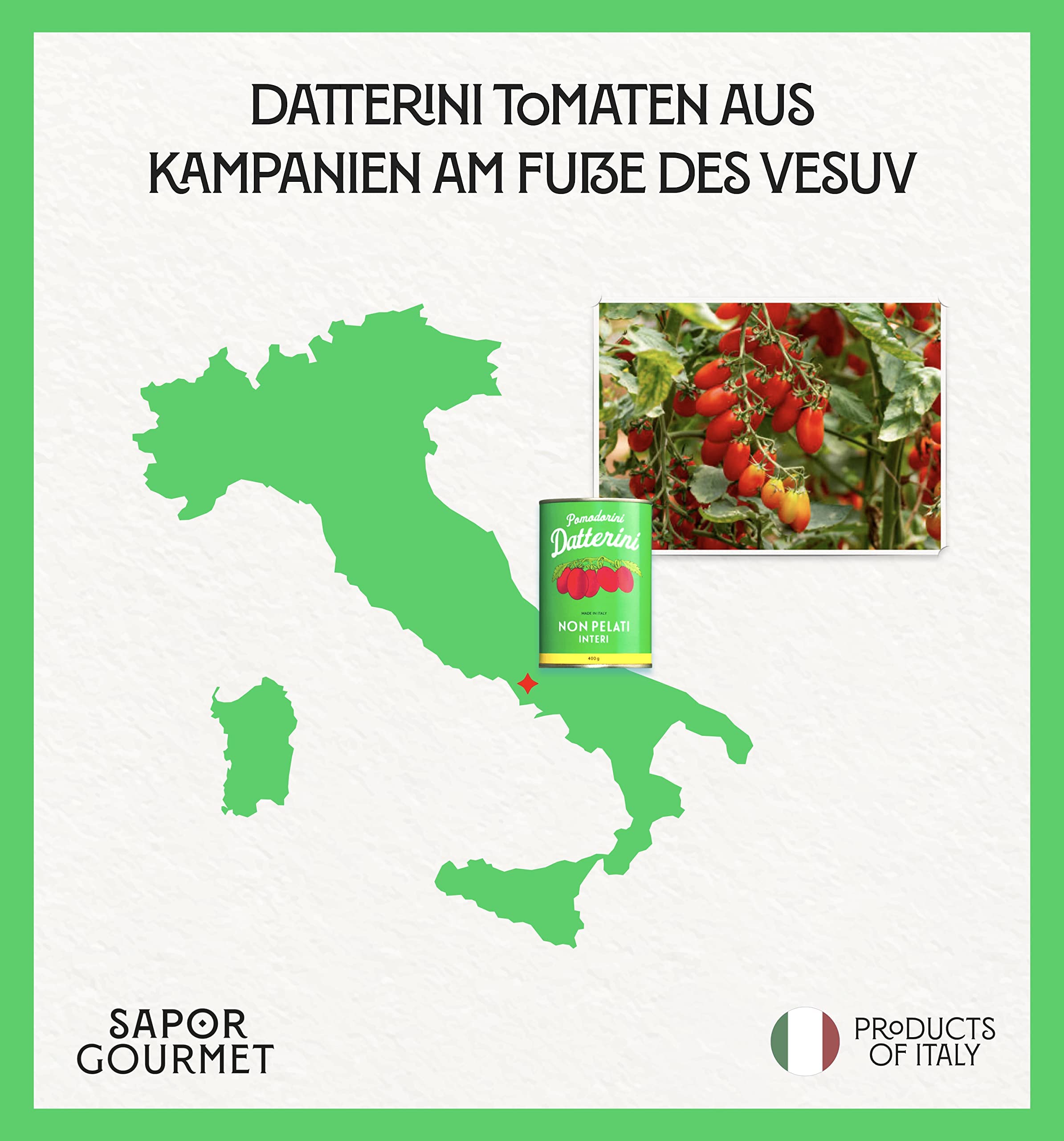 Sapor Design SAN MARZANO Tomaten aus Italien | Die besten Tomaten der Welt im Set | Dosentomaten, San Marzanos | Viele Varianten (Datterini Vintage (Grün), 24 Dosen)