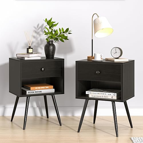 VECELO Juego de 2 mesitas de noche, mesa de noche moderna de mediados de siglo, mesita de noche con cajón de almacenamiento y estante abierto de 2