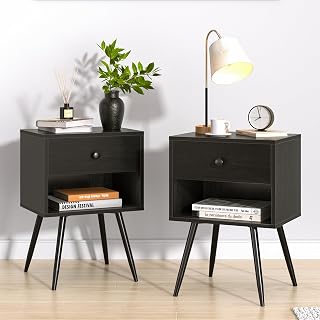 VECELO Nightstands Set of 2, Mid Century Modern End Bedside Table, Night Stand with Storage Drawer and 2 Tiers Open Shelf for Small Place, Bedroom, Living Room, Easy Assembly, Black