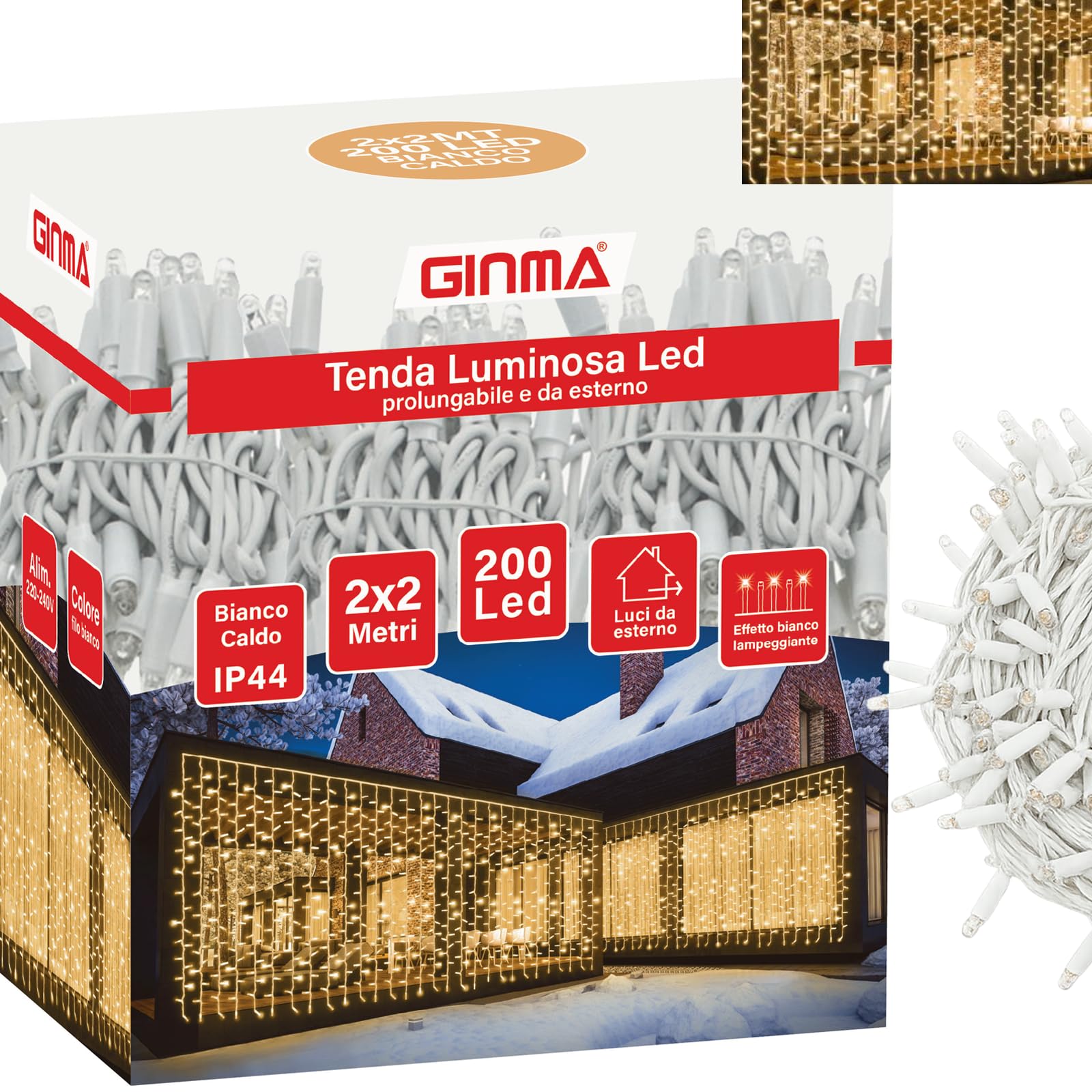 GINMA Luces de Navidad Exterior Balcón – Cortina Luminosa LED Roja con Efecto Lluvia, IP44 Impermeable, Bajo Consumo y Conectable para Balcones, Ventanas y Jardín (Bianco Calido, 2x2m (200 LED))