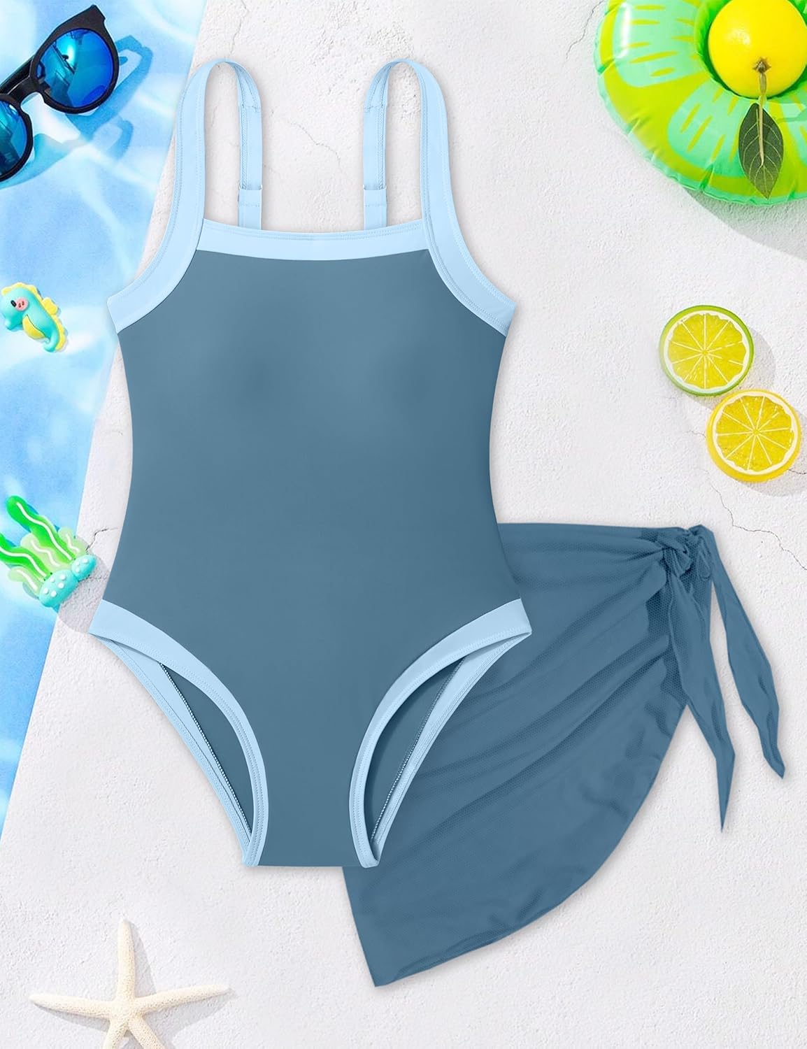 Shallmu Girls Swimsuits Color Block Adjustable Thick Strap One Piece Bathing Suits with Cover Up Skirt Girl's Swimwear 9-16Y - Image 6