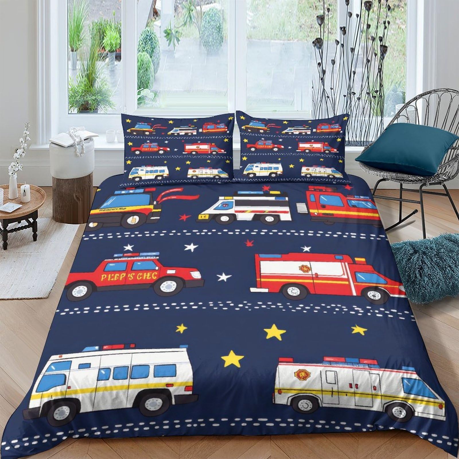Ctjqhvkz Style-9 3D Printed Emergency Vehicle Fitted Sheet Microfiber Soft Fire Truck Ambulance Bed Cover For Bedroom Dorm Decor Single（135X200cm）