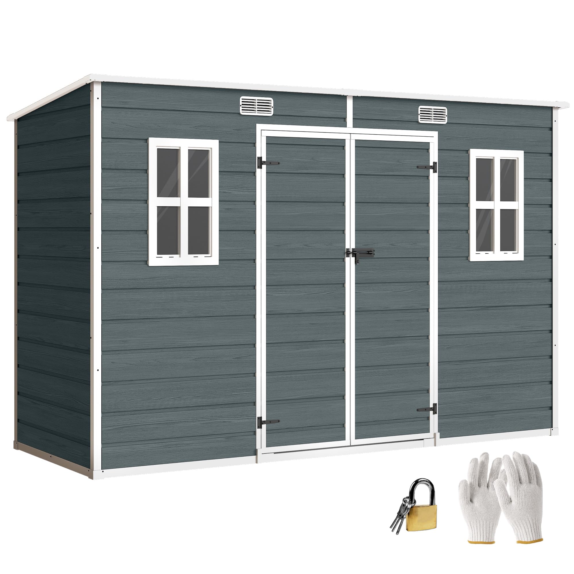 Outsunny Gerätehaus 3,2m², Geräteschuppen mit Pultdach, 303x123x197cm, Kunststoff Gartenschuppen mit Fenster Doppeltür Schloss Belüftungsöffnung Boden Holzoptik, Gartenhaus für Werkzeuge Grau