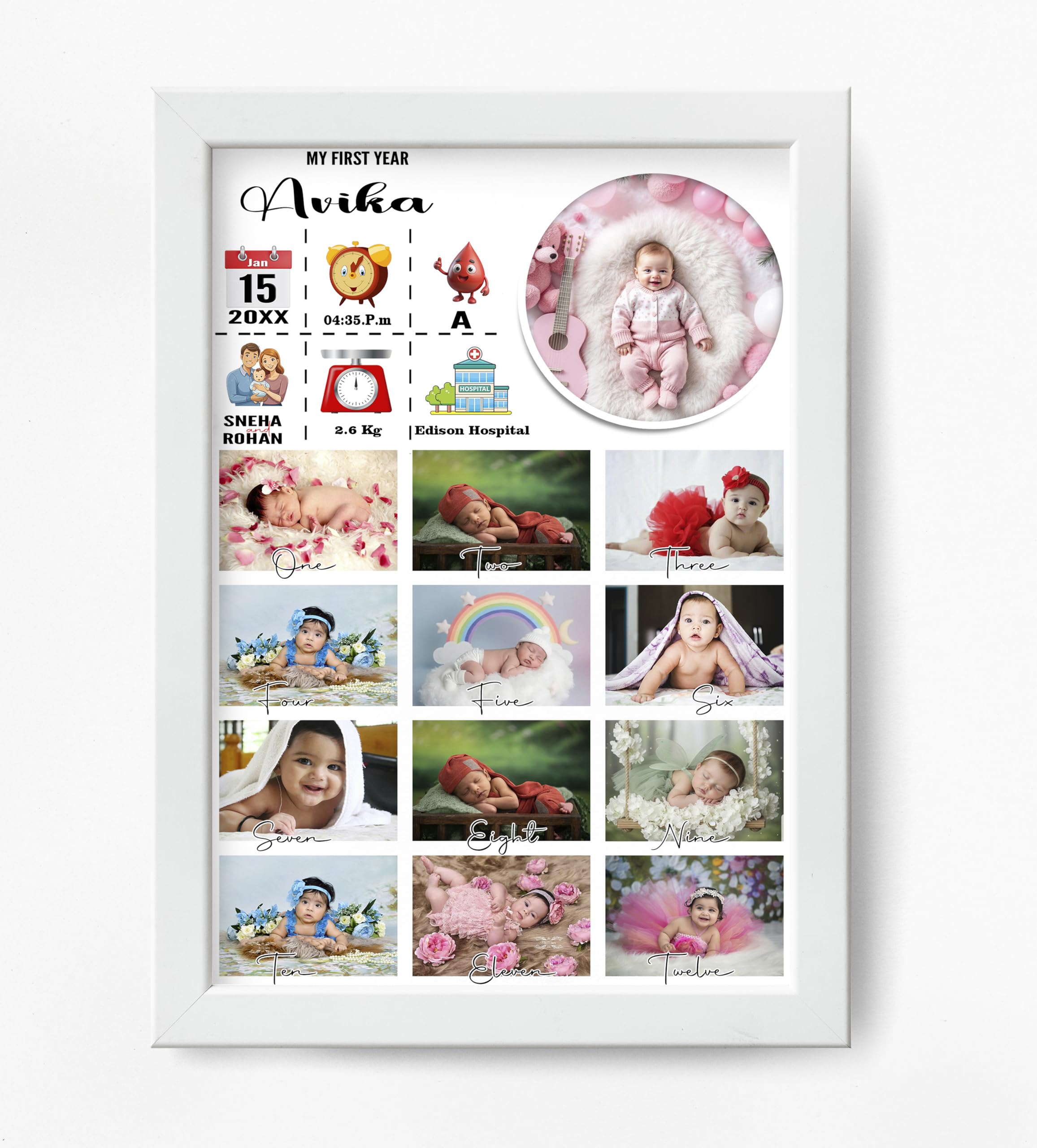 Customized Baby Birth Insta Bio Photo Frame | Monthly Baby Growth Collage (Newborn to 12 Months) | Personalized 1st Birthday Memory Frame with Baby Name & DOB | Birthday Frame for Boy and Girl | 8x12 Inch (White)-image-19